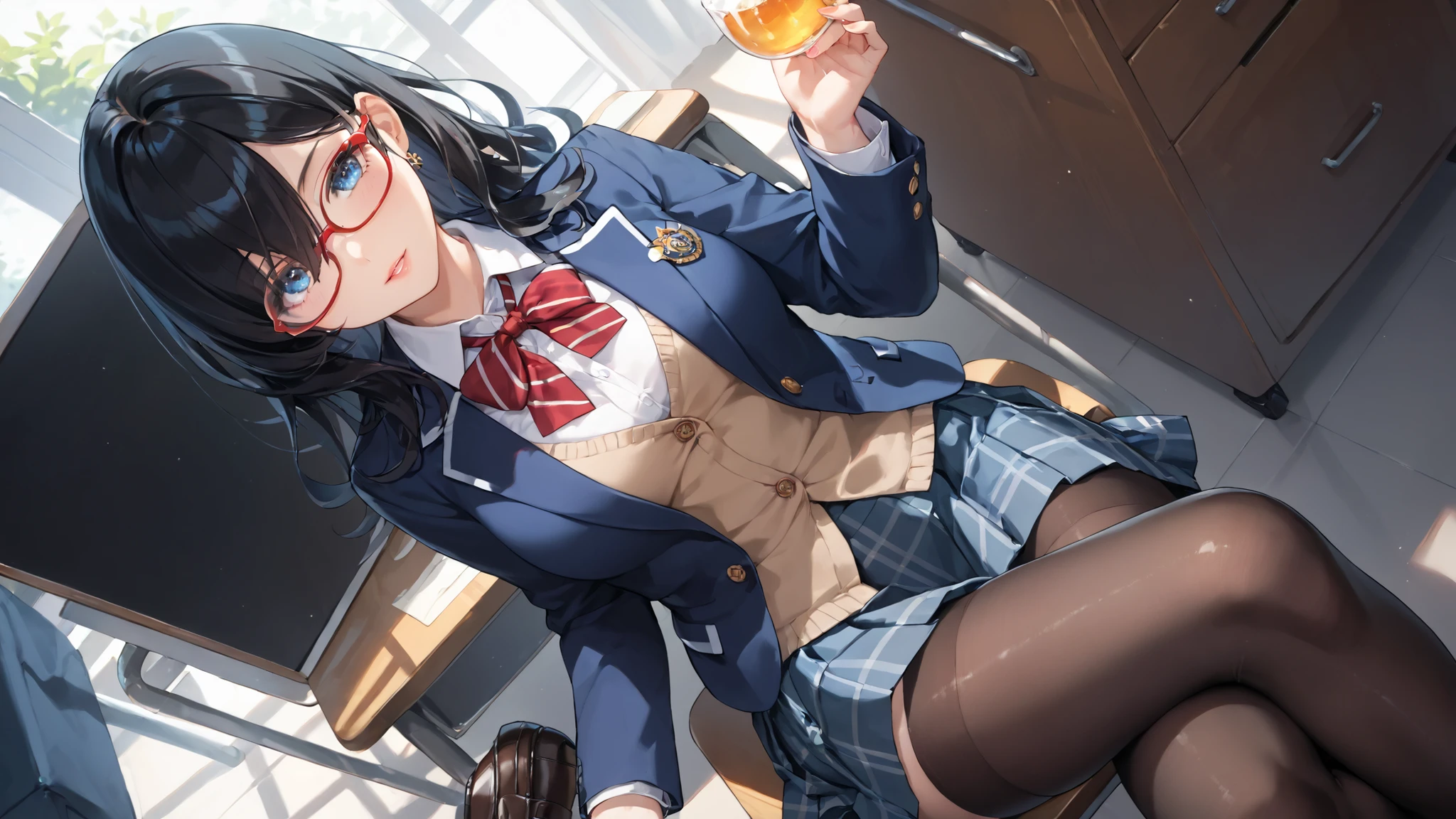 (inspired by )),((inspired by Animation Style:1.5)),(masterpiece, best quality),beautiful, beautiful-woman, ((detailed face)).(full body:1.3).,
((black hair)), glasses, blue eyes, long hair, over-rim eye-wear,semi-rimless eye-wear, between eyes .(red-framed glasses:1.2),
,
1-woman.
The woman is wearing school uniform and thigh-highs with loafers ,she is wearing blazer with collared shirt and plaid skirt, neck ribbon, ((thigh-highs:1.2)),