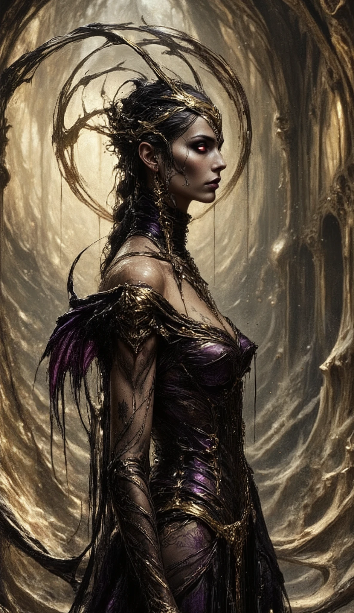 A breathtaking portrait of an sensual bold woman wearing an alluring provocative outfit. The fabric is a translucent, sheer material that subtly reveals her gorgeously as well endowed body and her inner beauty. The outfit goes beautifully with delicate gold and pearl embellishments. She Full body portrait in surreal dreamlike dark modern fantasy style of Lilith, Queen of Succubi. Set between the borders of Dream and Nightmare, in the land of the Oneironoi. Seductively posed amidst bone sculptures and surrounded by a aura of darklight we zoom in to a full body portrait of a striking woman of vivid beauty and terrifying self-possession, she has monstrous raven wings, beautiful succubus, fallen archangel, raven winged female vampire baroness, Duchess of Hell, gothic fantasy art, Captain-Commander of Hell's Crimson Reavers, Deathknight , Lilith The First Vampire, fantasy dark art, demoness, gothic maiden of the dark, succubus | medieval, goddess of wrath, want to create a tableau dedicated to portraying Lilith, queen of demons, first wife of Adam, first succubus. masterpiece. best quality. Aesthetic pose, perfect anatomy, gold and dark purple decorated warbraids,  radiantly ironic  and sinister eyes,beautiful cinematic painting, dark dramatic character, tattoos of demonic script all over body, sinister beauty, shapely tall figure, curvy lush body, a vibrantly sensual and murderous paragon of death seems a 20 year old Alexander the Great in feminine aspect, the same mad genius and presence of majesty only gods dragonslayers convey. Heroes and madmen, wizards and trickers, Violent Gods and Calculating devils and archangels of holy fire, cthonic elder horrors and Demiurges. She is a Goddess, with dark godrays crowning her glory and terrible beauty, masterpiece:1.3,  perThe background is elegantly blurred with warm golden hues, adding depth and richness to the composition. The artwork is a masterpiece, resembling a finely detailed oil painting.