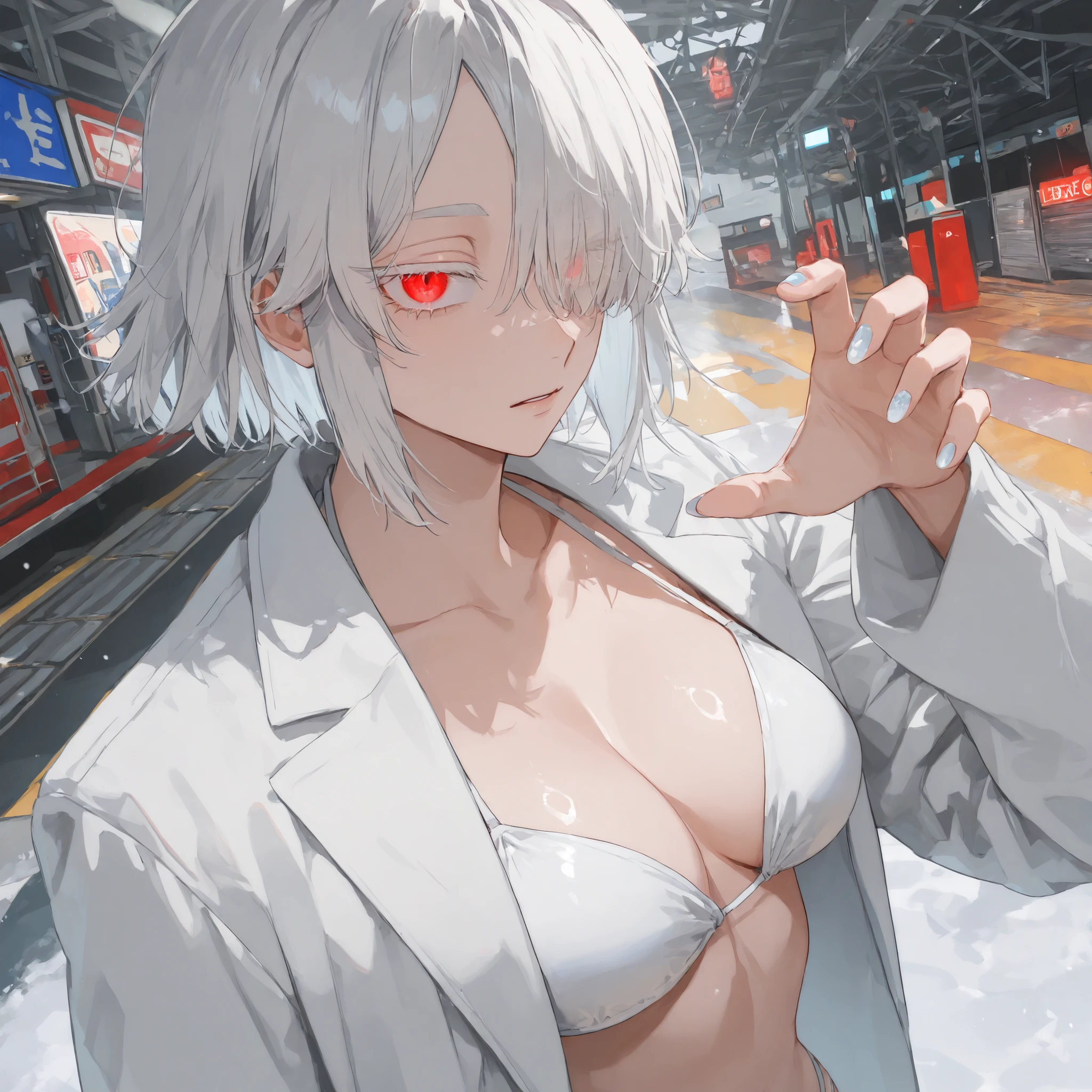 (masterpiece, best quality), amazing quality, absurdres, 8k, HDR, (very aesthetic), perfect anatomy, perfect hands, perfect eyes, gloss skin, female, 1woman, fair skin, snow-white hair, (middle-part:1.5), hair slightly over right eye, breathtaking eyes, emotionless expression, cold expression, stoic, slightly glowing eyes, detailed striking red eyes, long white eyelashes, tall, slender, super pretty, beautiful woman, white bikini and panty, white overcoat, stylish, slim chiseled build, (Ikebukuro Station background, Toshima-ku, Tokyo:1.3), resplendent city lights, pose, (side angle), rim light, dynamic composition, cinematic, cinematic composition, cinematic lighting, (cinematic shadows) , (short hair styled in a middle-part1.2), (white painted nails 1.2),