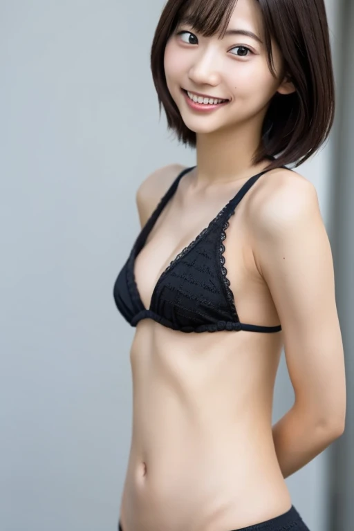 8K, (hyper reality: 1.35), (realistic: 1.4), 1 beautiful korean girl, smile, alone. light makeup, masterpiece, 最high quality, high quality, alone, Bra and panties only、  puberty, only one girl,((perfect body)),((最high quality)),((Hola)),((very delicate and beautiful)),((Very shallow depth of field)), nffsw,((incredibly shallow depth of field)). be familiar with)), (((very delicate and beautiful)), (((Very shallow depth of field))), nffsw, (((incredibly absurd))), (((perfect body))), (((black hair )))) ))), (((short cut hair))), (((bobbed hair))), ((( Camera Eye)))), (((small ))), (((幸せな最高のsmile))), Poor, my + background, dynamic angle, female focus, {particles of light}, 詳細なbackground, ((paul hedley)), soft lighting, (dramatic) sunset), sunset, very beautiful sunset, live action, realistic, top angle, かわいいsmile, (blurred background), 18-year-old, skinny, ((Wind)), ((movement)), ((emotion)), ((colorful)), ((baby face)), ((beautiful teeth)), Wither, sea background