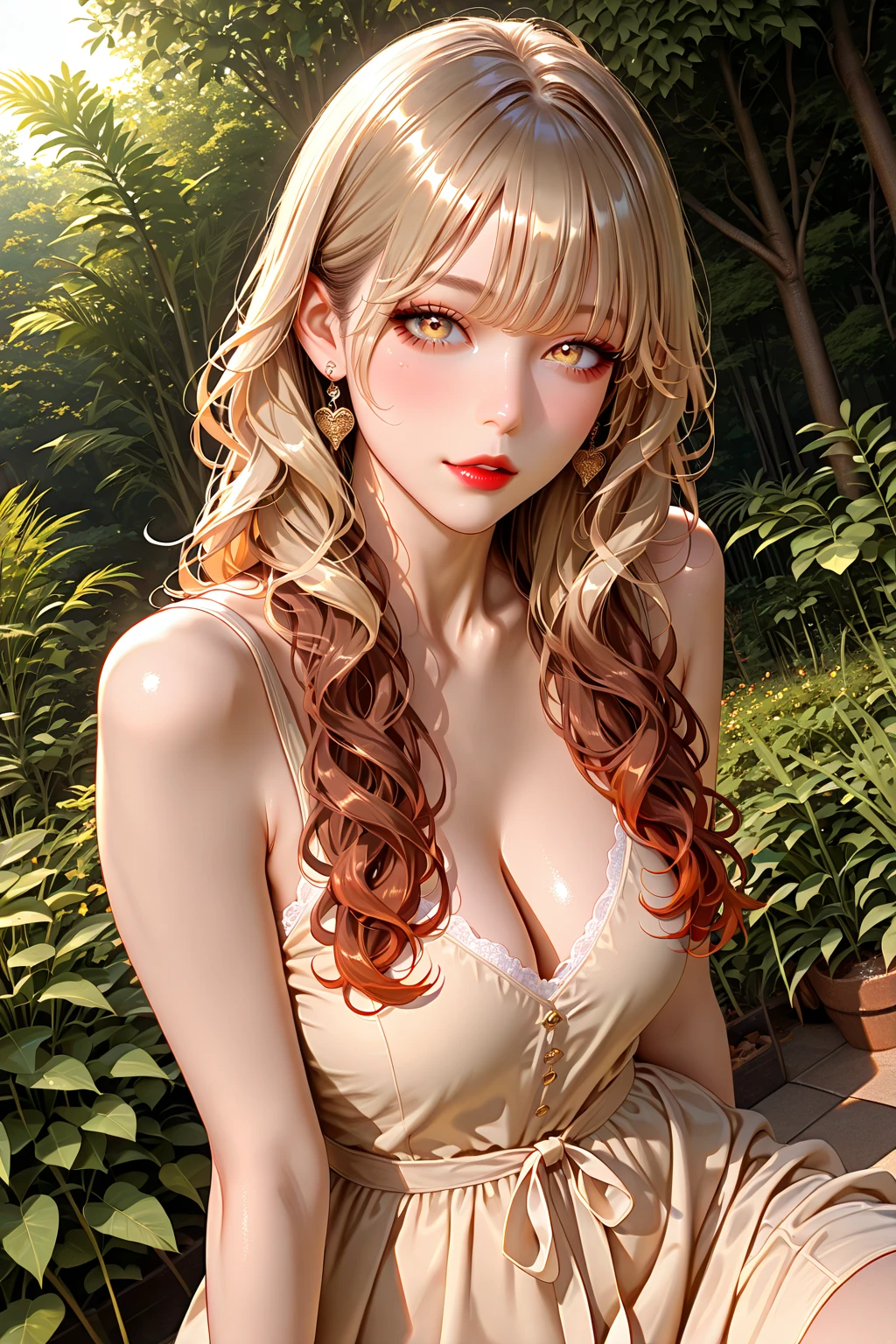 realisitic, high-detail, Hyper Detail, depth of fields, NFSW, 1 Lady, (((1 Lady:1.37, Solo))),(Beautiful face, Cute face, Detailed face,),  BREAK, 
((( Golden hair, Semi-long hair, Hair pulled back, Wavy Hair))), (((Detailed beautiful brown eyes,))), BREAK, 
(((Sunny))), (((in forest))), BREAK, blazing, Shiny skin, extremely detailed CG unified 8k wallpaper, very fine 8KCG wallpaper,  (​masterpiece, Best Quality), High resolution, Ultra-detailed, ultra-sharp, Cinematic lighting