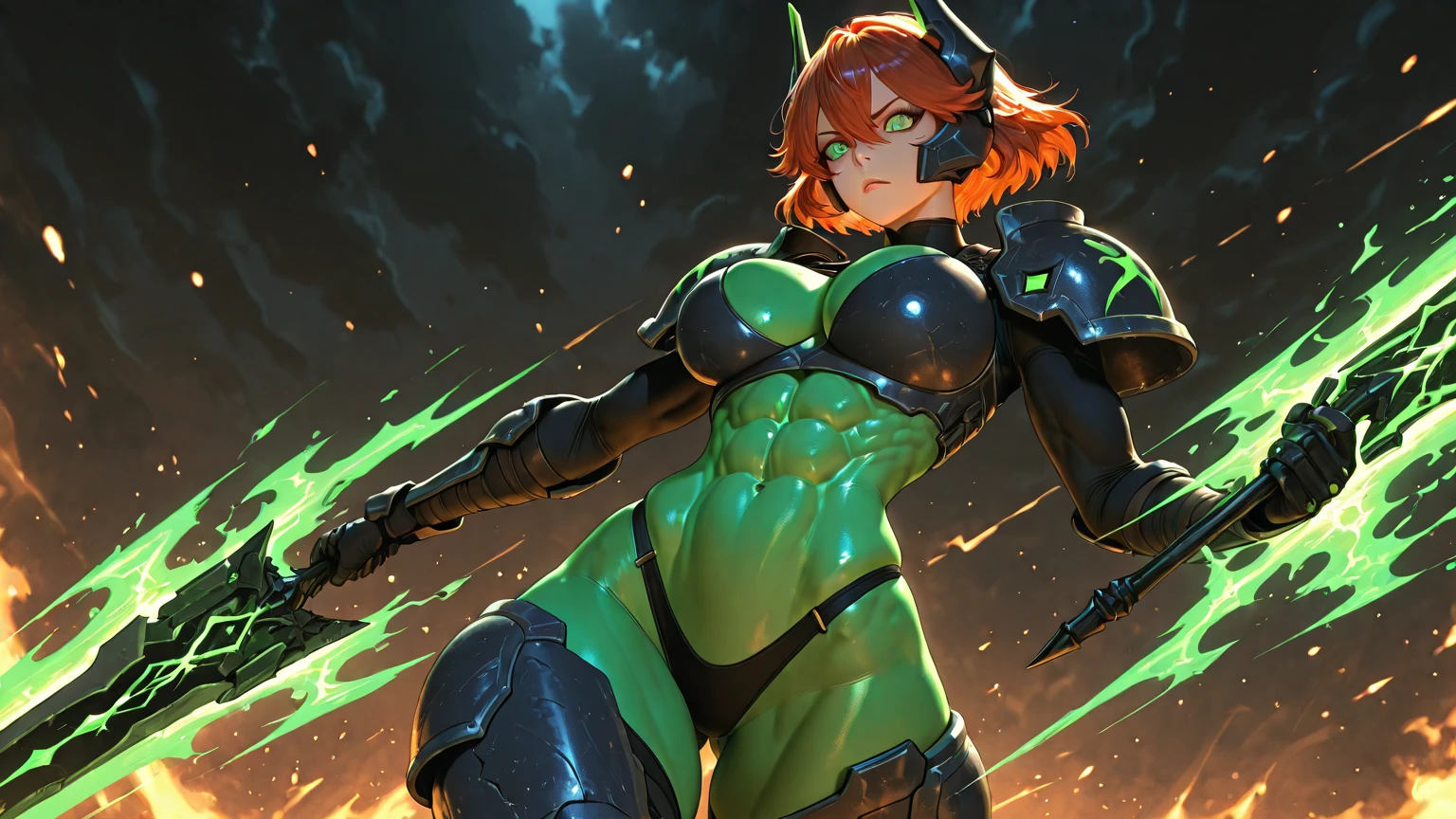 Cartoon photo of woman in green and red costume, hot insect humanoid woman, Guyver style, SFW version, red eye, scarab reploid, bellows tail, cel shade adult animation, alien queen, serpentine pose,