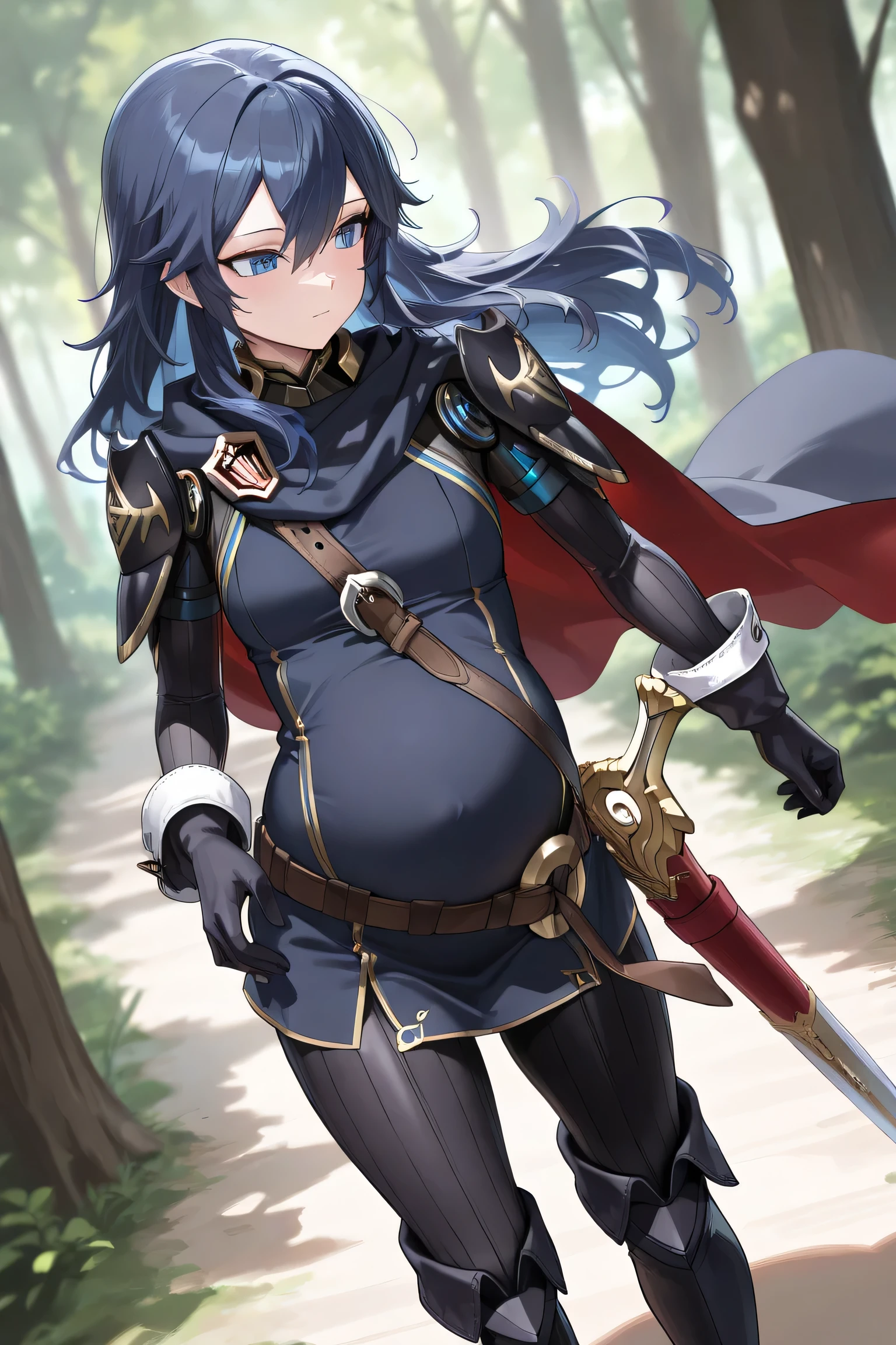 (Best quality, 4k, 8k, high resolution, masterpiece:1.2), ultra detailed, intricate details, beautiful girl, alone, long blue hair, (long hair:1.0), bangs, blue eyes, small , perfect smooth skin, head tilted, (Pregnant:1.0), At forest on weeded streets, dark navy tunic with gold accents, long blue cape, dark navy shoulders armor , dark navy forearms armor , dark navy boots armor, brown leather belt, pouches attacht to belt, legendary sword Falchion in an ornate scabbard, sheathed sword, dark gloves, dark navy long pants, high waisted pants, dark blue clothes inside tunic covered shoulder all skin, long Sleeve Tunic