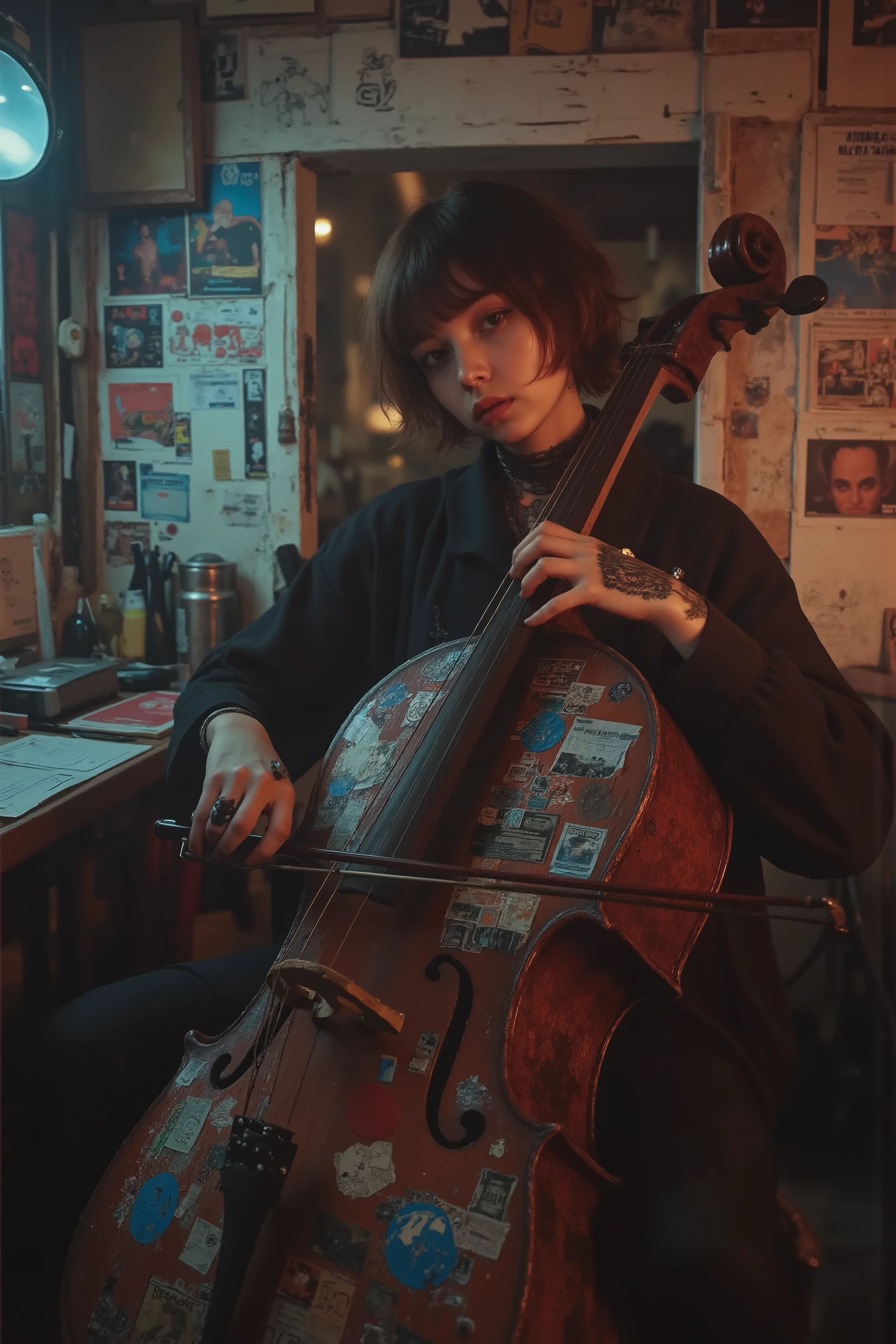 Live house background with a punk rock woman playing a cello full of、stickers,post-punk fashion,rock band stickers on cello,leaflets and posters,rich vibe ,Portrait Photos,8K resolution,Photorealistic Textures,studio lighting,bokeh,Dark Tones,artistic finish