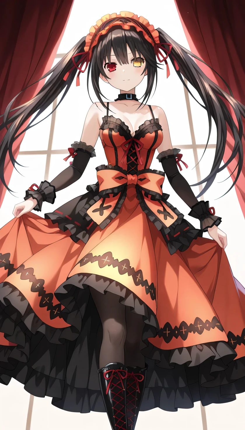 {{{masterpiece}}}, (best quality:1.5), (ultra-detailed:1.5), {illustration}, {{an extremely delicate and beautiful}}, (beautiful detailed eyes:1.6), absurdres, highres, extremely detailed face, 16k, hd, visual anime de uma jovem mulher, extremamente bonito rosto de anime, anime melhor garota, (perfect hands, perfect anatomy), anime face, kurumi tokisaki(Date A Live), kurumi, One girl, cute face, long hair, black hair, sidelocks, (twintails:1.5), uneven Twin tails, (red eyes:1.3), (yellow eyes:1.3), (heterochromia:1.5), (High resolution eyes, Beautiful eyes, Light in the eyes), medium breasts, big hips, curvaceous, BREAK, kurumi tokisaki astral dress, red Headdress, dress, frilled dress, astral dress, (red dress:1.3), red bustier, bare shoulders, collarbone, chest, black choker, detached sleeves, black sleeves, red ruffle skirt, (very long skirt:1.3), black petticoat, multi-tier skirt, (black overskirt:1.1), waist ribbon(red ribbon), (black pantyhose:1.3), boots, Cross-laced shoes, knee boots, lace-up boots,