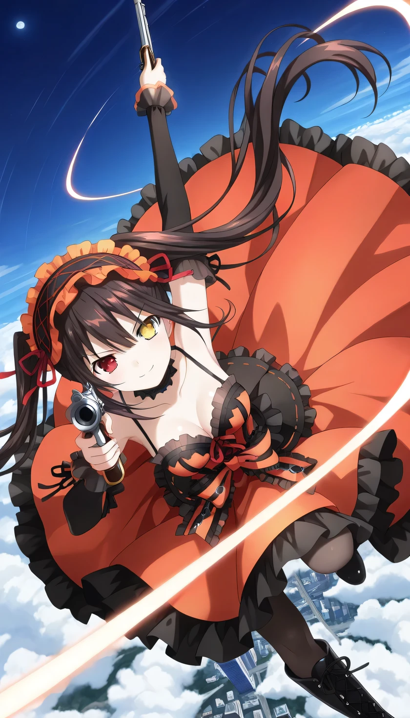 {{{masterpiece}}}, (best quality:1.5), (ultra-detailed:1.5), {illustration}, {{an extremely delicate and beautiful}}, (beautiful detailed eyes:1.6), absurdres, highres, extremely detailed face, 16k, hd, visual anime de uma jovem mulher, extremamente bonito rosto de anime, anime melhor garota, (perfect hands, perfect anatomy), anime face, kurumi tokisaki(Date A Live), kurumi, 1girl, solo, cute face, long hair, black hair, sidelocks, (twintails:1.5), uneven Twin tails, (red eyes:1.3), (yellow eyes:1.3), (heterochromia:1.5), (High resolution eyes, Beautiful eyes, Light in the eyes), medium breasts, big hips, curvaceous, BREAK, kurumi tokisaki astral dress, red Headdress, dress, frilled dress, astral dress, (red dress:1.3), red bustier, bare shoulders, collarbone, chest, black choker, detached sleeves, black sleeves, red ruffle skirt, (very long skirt:1.3), black petticoat, multi-tier skirt, (black overskirt:1.1), waist ribbon(red ribbon), (black pantyhose:1.3), boots, Cross-laced shoes, knee boots, lace-up boots, BREAK, musket gun, holding musket gun, aiming at viewer, finger on trigger, BREAK, tsurime, legs apart, fighting stance, duel, clash, slashing, flushed cheeks, (sky above:1.5), Above the City, floating, above the clouds, smirk, cool face, looking at viewer, outdoor, night, city ​​night view, night sky, moon,  (Aerial View:1.3), telekinesis, arm up, motion blur, above clouds, Scenery, (from side:1.3)