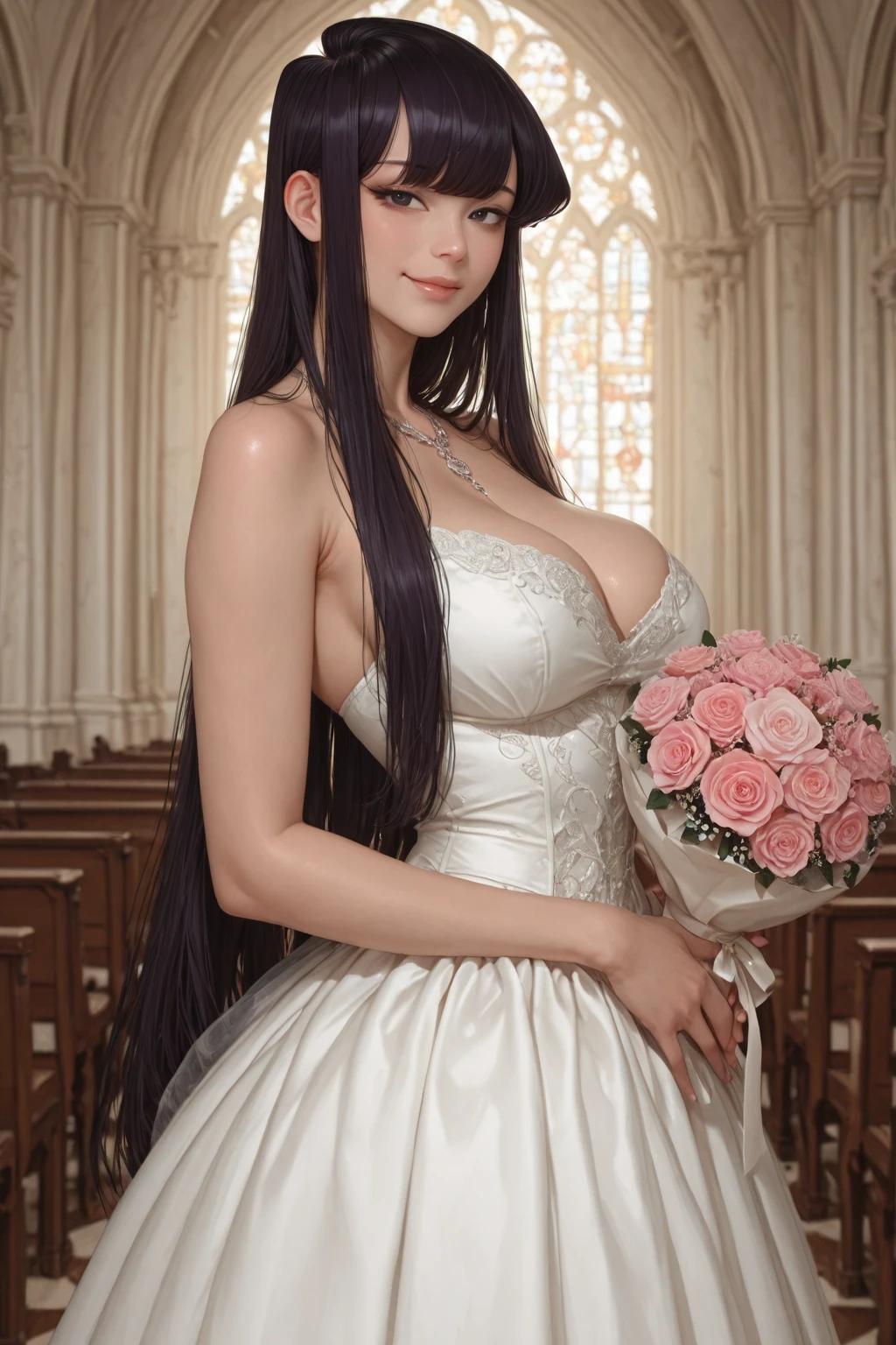 (((Pixel perfect, Perfect details))), alone, 1 girl, Ye Yuelian, 

1 girl, 20 years old,young women,Close-up of beautiful bride wearing beautiful bridal dress,Guwitz,（Keep your mouth shut：1.5）,Smile,Bridal makeup，Purple eye shadow,Double eyelids，pink blush，pink lipstick，（Transparent short veil：1.5），Blush，double-headed flower，headgear，（bandeau wedding dress：1.5），（Strapless wedding dress：1.5）,pure white dress，necklace，earrings，(?????????????:1.3)，Deep V peach heart collar wedding dress，through bangs，（elbowgloves：1.3)，High detail RAW color art,