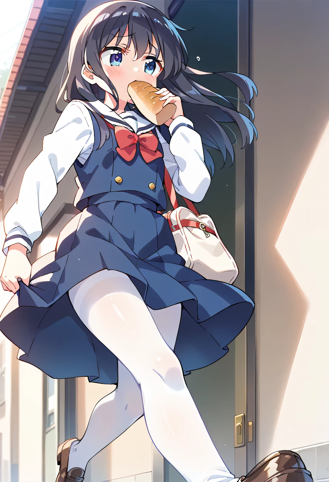 score_9, score_8_up, score_7_up, source_anime, masterpiece, 1girl, watahana, ((A high school girl running)), ((Holding a piece of sliced bread in her mouth, Holding with mouth)), blue dress, sailor dress, pinafore dress, white sailor collar, white shirt, red bowtie, long sleeves, flat chest, white pantyhose, loafers, White socks, whole body, looking at away, shiny black hair, cute running, outdoor, School route, ((She is going to be late for school, Like a primary school students)), (Her skirt is about to fully open up, wide skirt), cute, blush, sweat, ((looking at away)), (She is holding her school bag in her hand), (viewer from diagonally below in front:1.25), 