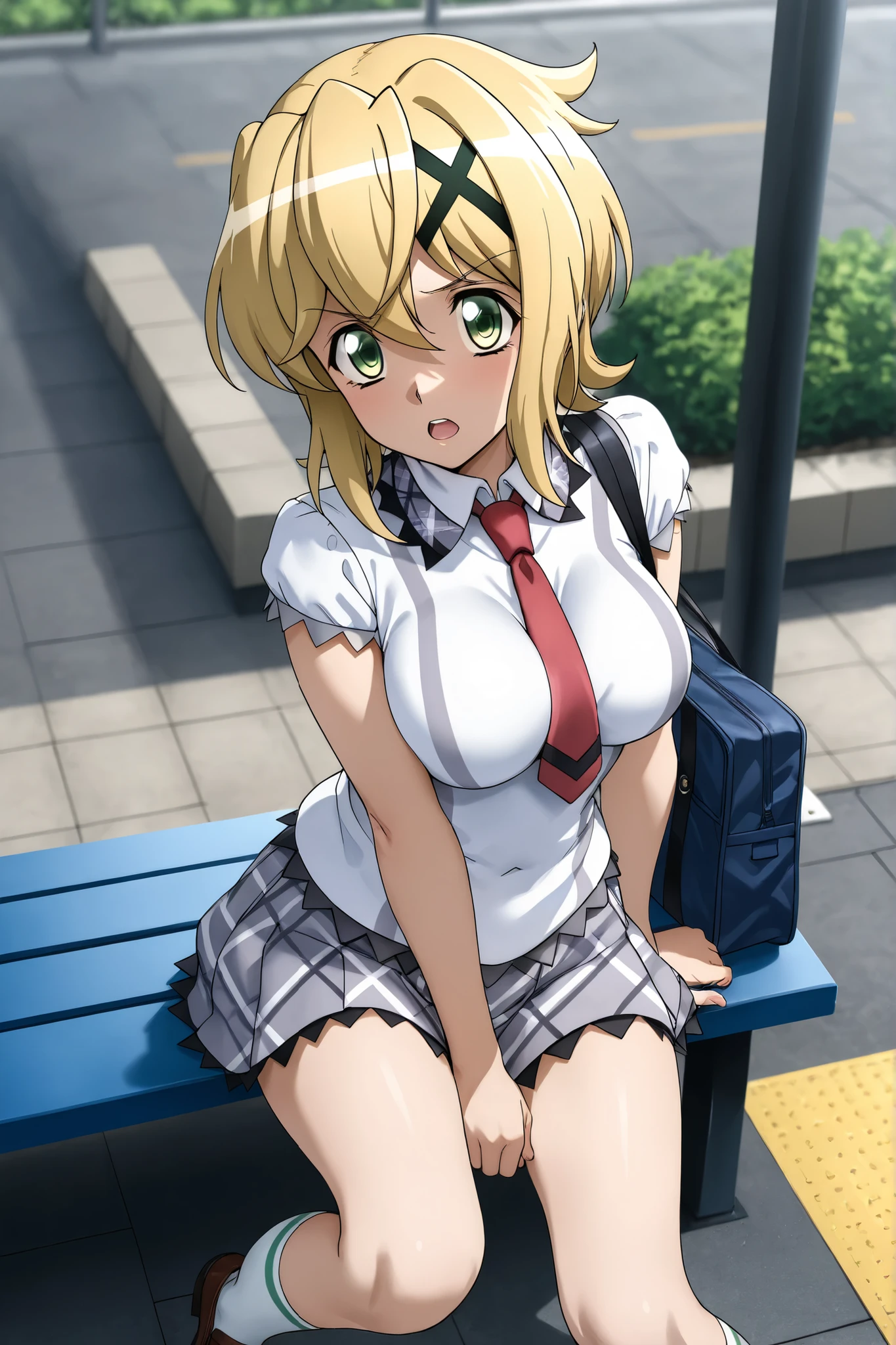 solo,Station platform, outdoors 、symphogear,akatsuki kirika,Shining Contours、アウトドア立ちポーズ、可愛い、school_uniform, shirt, short_sleeves, pleated_skirt, red_necktie,スカートを持つ