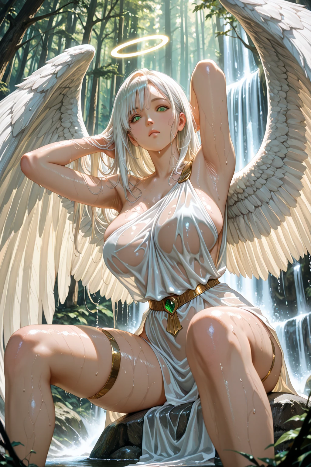  ????? elf angel,  with sculptural body, big ????? ???????, ????? ??????, muscular body, silver hair, blue eyes, perfect image, paradise landscape