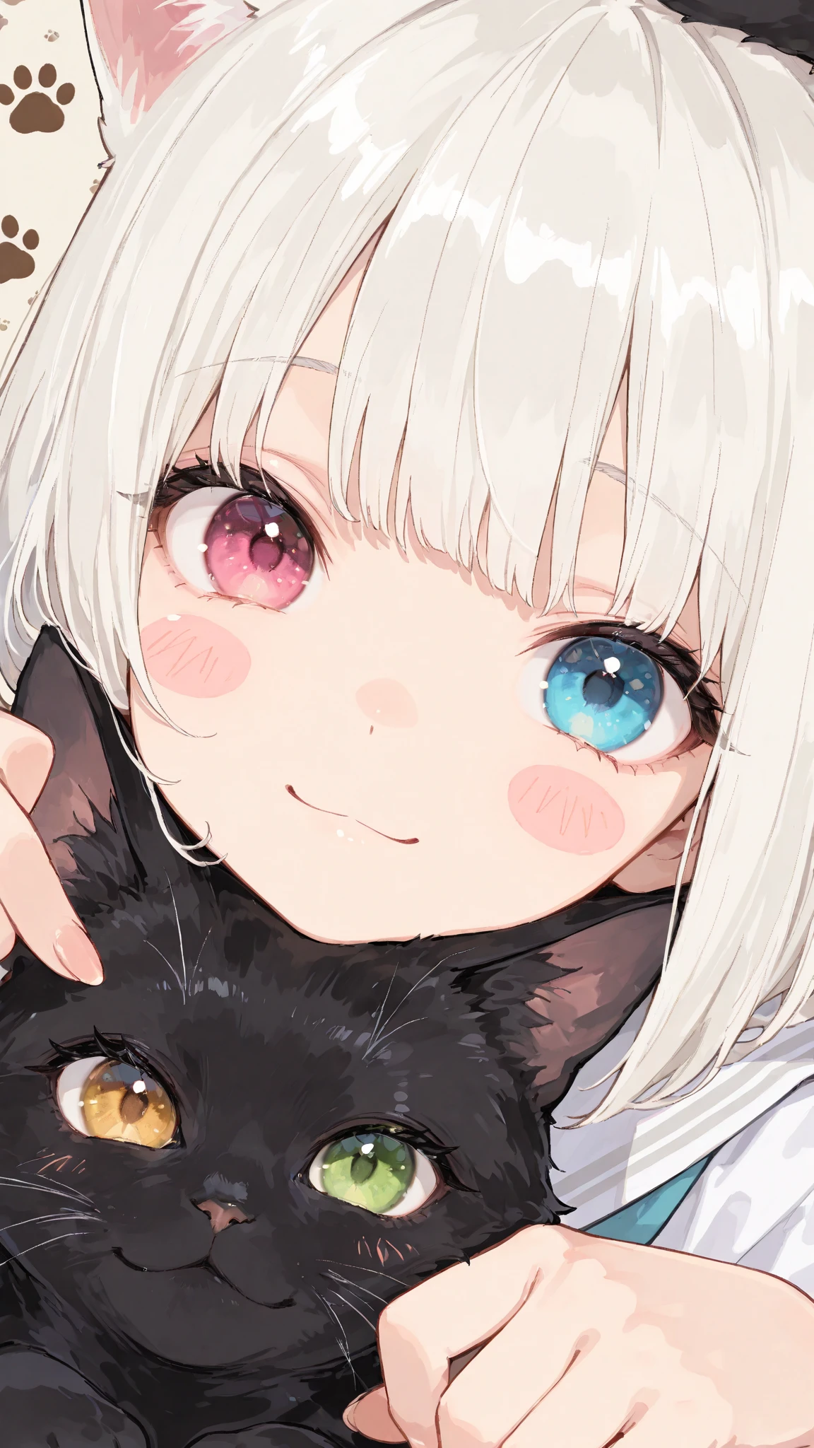 bangs,eye focus,face,close-up,looking at viewer,eyelashes,Cute,748cmstyle,(masterpiece:1.2, best quality), (beautiful detailed eyes:1.2), ((beautiful female)), (very detailed CG, ultra detailed), (very detailed and beautiful:1.1), (perfect details:1.1), anime girl making a cat pose with her fingers, showing she is okay, 1girl, :>, white sailor uniform, solo, short white bob hair, smile, blush stickers, black cat, cat paw prints, candy house background, face close-up, a cat on the girl's head, heterochromia, looking at viewer