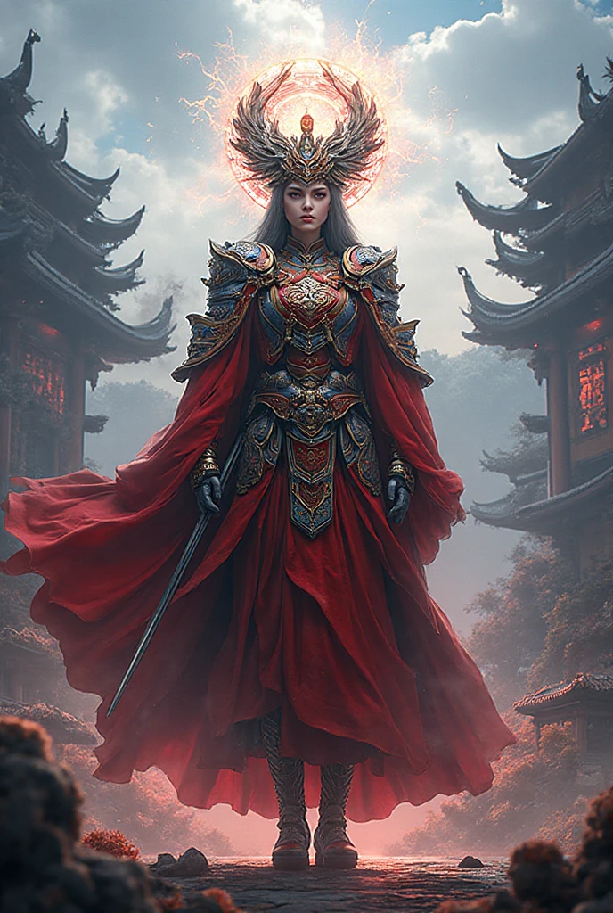 Ultra-realistic photo of a powerful big- fantasy beautiful Thai female full-armored mage with long hair,evil sly smile,wearing highly detailed red and gold Royal-Thai pattern with metallic gold textures and weathered surface armored,  ancient Thai ornament wide brim hat, right hand holding a long gigantic royal Thai pattern-style glowing energy broad-sword , left fist to a camera ,cinematic lighting, sharp focus, shallow depth of field, high dynamic range, soft shadows, realistic materials, photo taken in a studio with fantasy heaven city background, 85mm lens, f/1.4, ISO 100, 8K photo