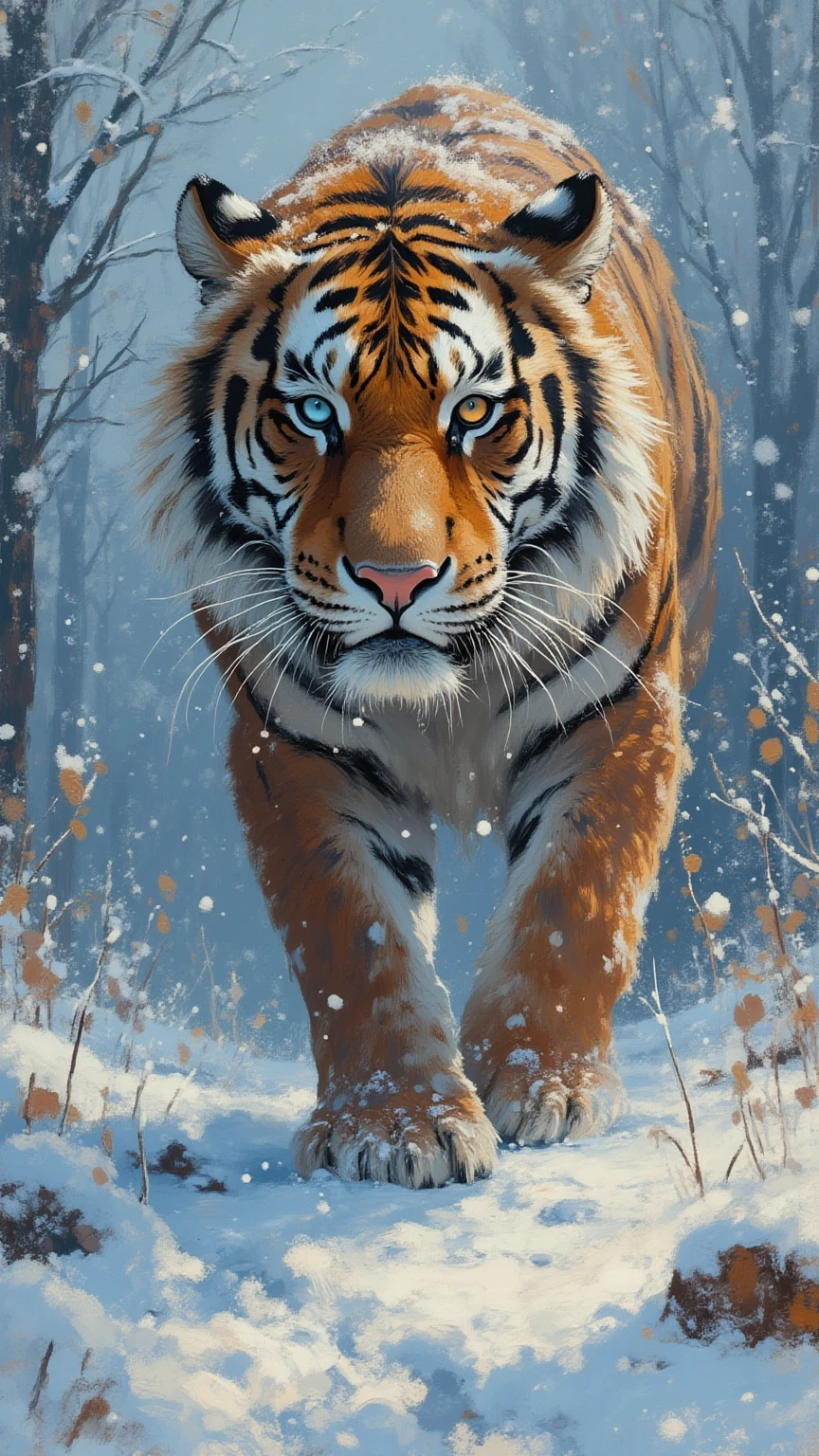 ultra-detailed, masterpiece, best quality, acrylic paint style,sabertooth tiger, ((heterochromia: one blue eye, one orange eye)), facing camera, snow, snowing, tundra, dusk.