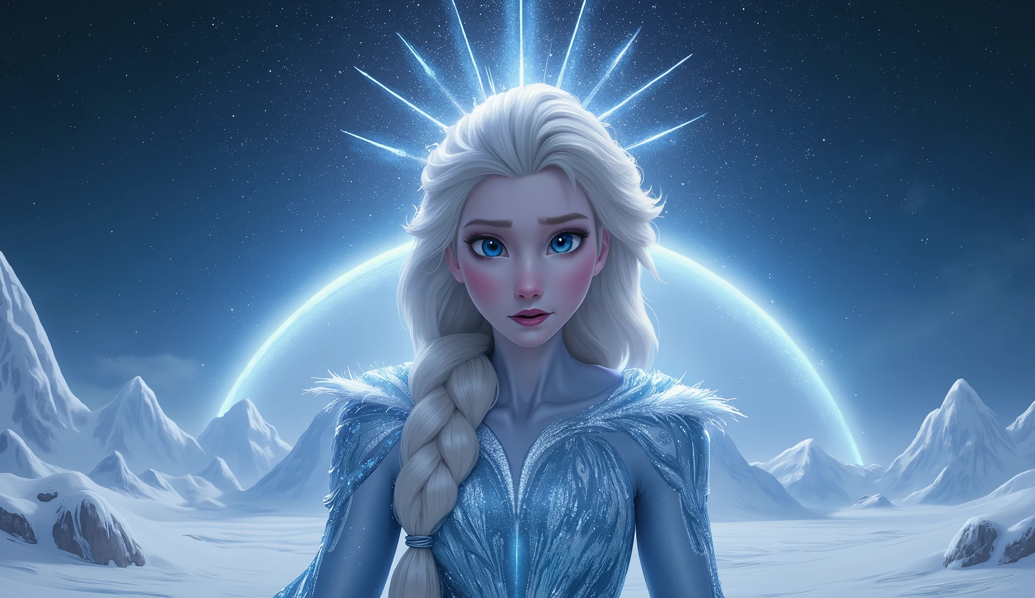 A semi-realistic digital painting of a powerful ice queen standing under a starry night sky, wearing futuristic icy-blue armor that glows with frosty energy. Her long platinum braid flows over her shoulder, and her piercing blue eyes shine with determination. Snowflakes sparkle on her armor, and a glowing cosmic halo floats in the sky behind her. The background shows icy mountains and a vast galaxy with glowing stars and nebulae, cinematic lighting, ultra-detailed, highly stylized fantasy art, 16:9 format.