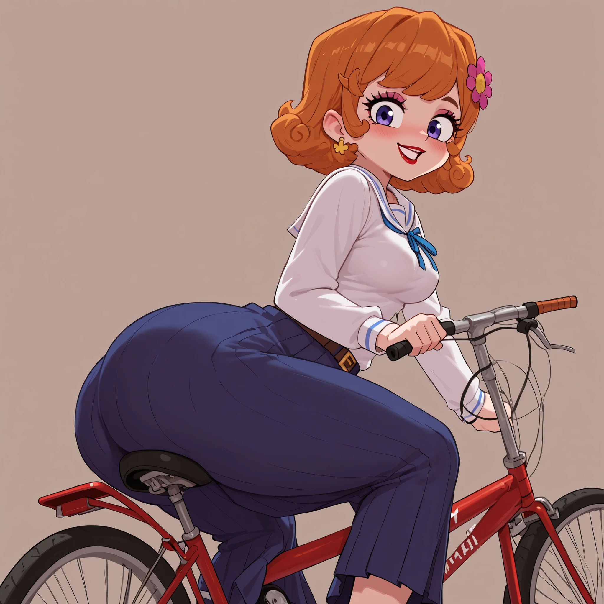 dextersmom, mature female, short hair, slightly curly hair, ginger, black eyea, big eyes, long eyelashes, , rounded , narrow waist, thick thighs, huge , fair skin, thin hands, earrings, makeup, red lips, lipstick.| 1girl, lize helesta, official art, amazing quality, highest score, 16k, 8k, 4k, aidmaimageupgrader, illustriousanime, blush, school uniform, white sailor collar, neck ribbon, shirt, sleeves, belt, skirt, long skirt, no , dress, flower, bicycle, riding, :D, looking at viewer, sailor collar, ribbon, shirt, skirt, hair flower, virtual youtuber, masterpiece, best quality, very aesthetic, absurdres,