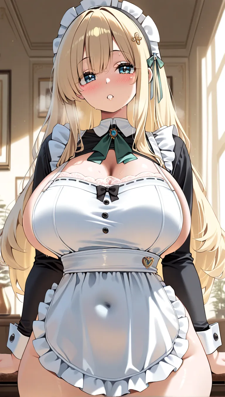 a black woman with big breasts and big thighs with blonde hair wearing an erotic maid outfit
