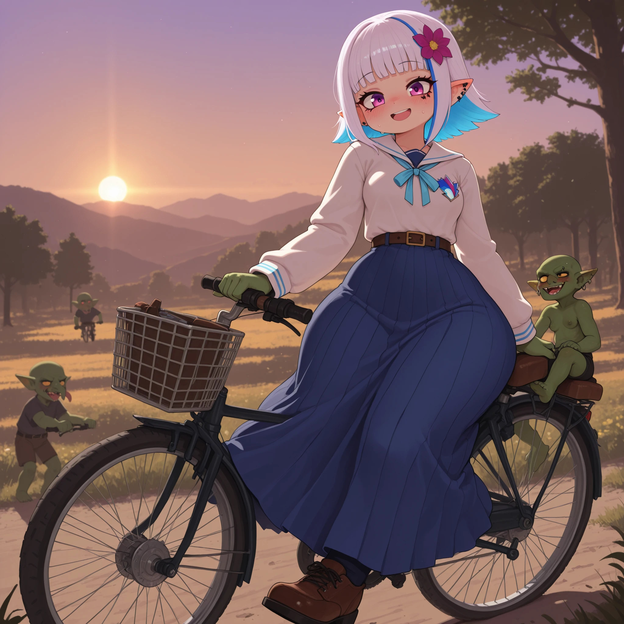 female punk, silver very short hair, black eye, facial piercings, eye makeup, small , meduim , (goblin girl:1.0) (shortstack:1.0) (green skin:1.0) (pointy ears:1.0) (wide :1.0)| 1girl, lize helesta, official art, amazing quality, highest score, 16k, 8k, 4k, aidmaimageupgrader, illustriousanime, blush, school uniform, white sailor collar, neck ribbon, shirt, sleeves, belt, skirt, long skirt, no , dress, flower, bicycle, riding, :D, looking at viewer, sailor collar, ribbon, shirt, skirt, hair flower, virtual youtuber, masterpiece, best quality, very aesthetic, absurdres,