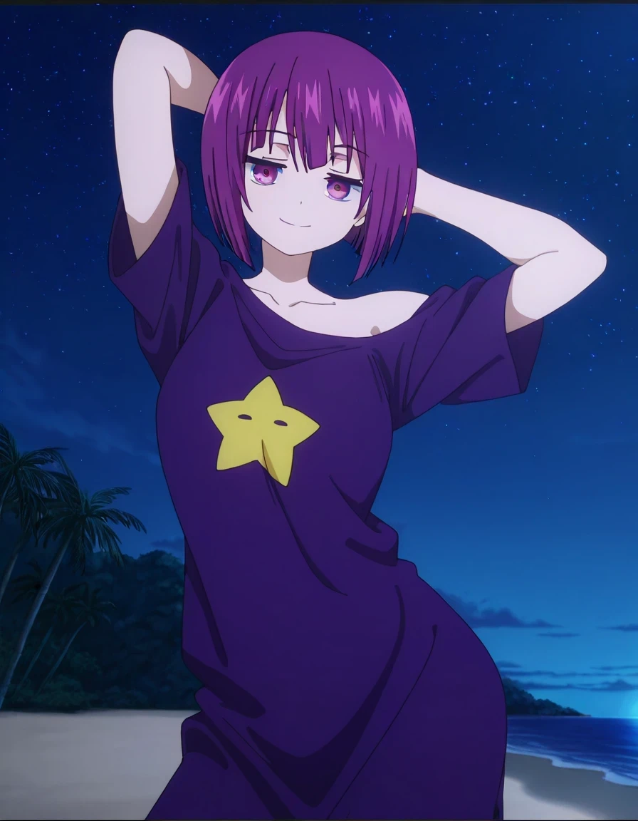 Shion, 1girl, short hair, t-shirt, purple hair, off shoulder, star (symbol), collarbone, short sleeves, purple eyes, bangs, purple shirt, anime screencap, high quality, solo, cowboy shot, (contrapposto), hands behind head, closed mouth, night sky, beach, looking at viewer, smile, best quality