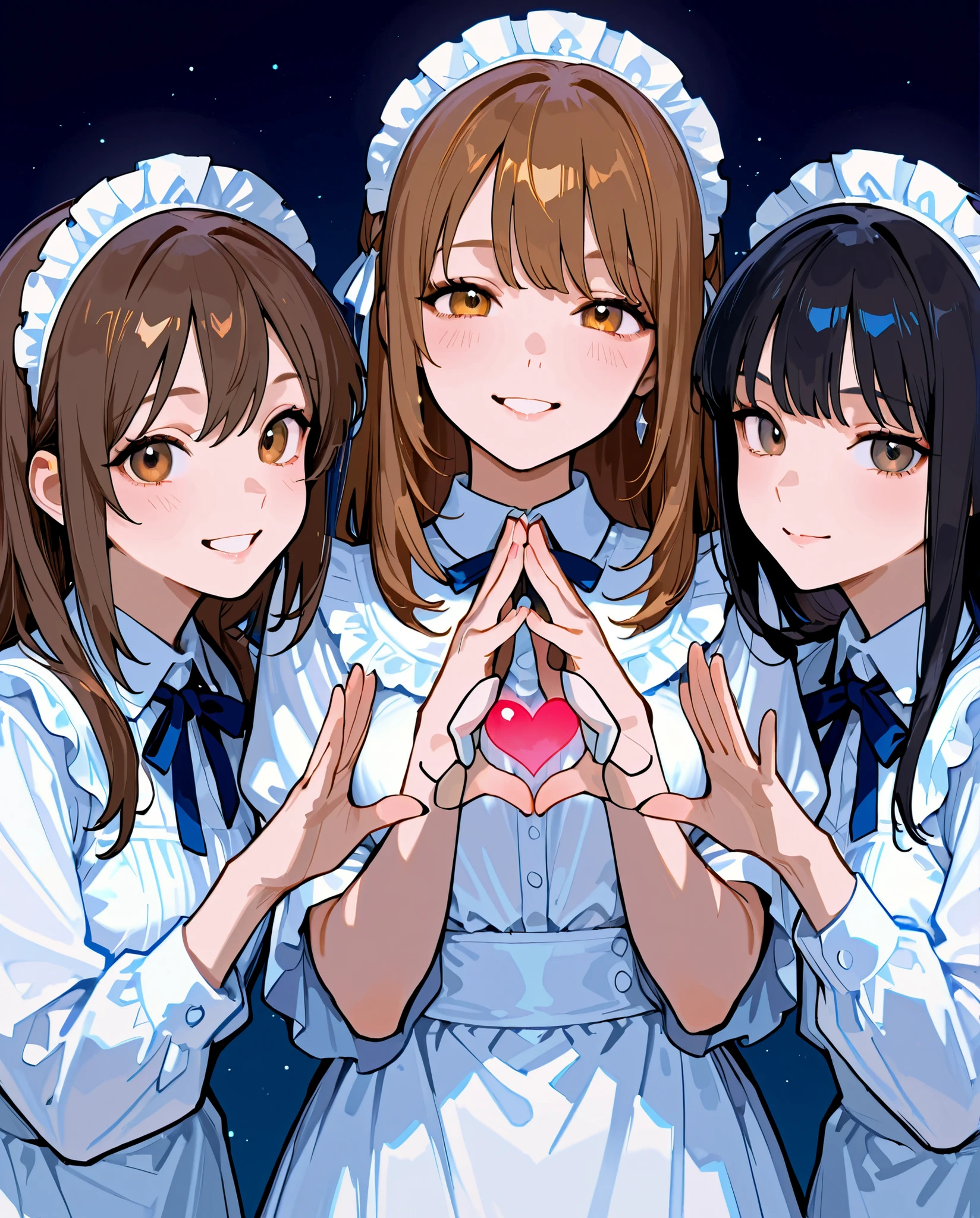 3 girls are making hearts with their own hands, smile、anatomically accurate、5 accurate and detailed fingers