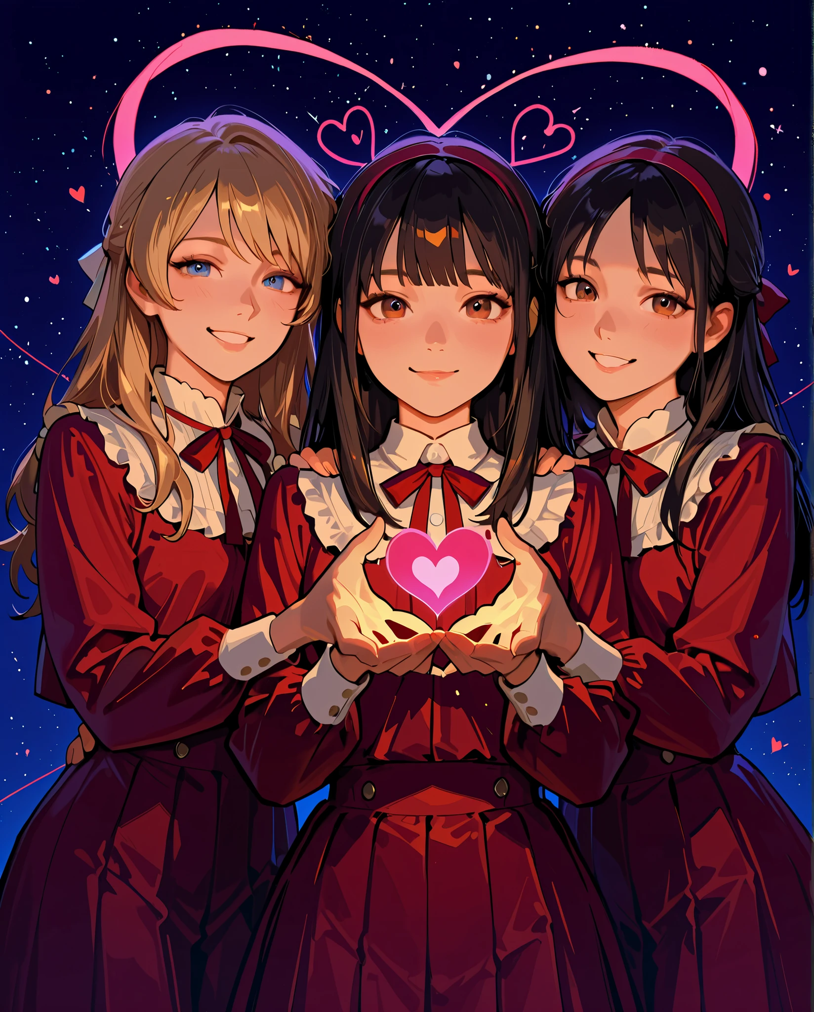 3 girls are making hearts with their own hands, smile、anatomically accurate、5 accurate and detailed fingers