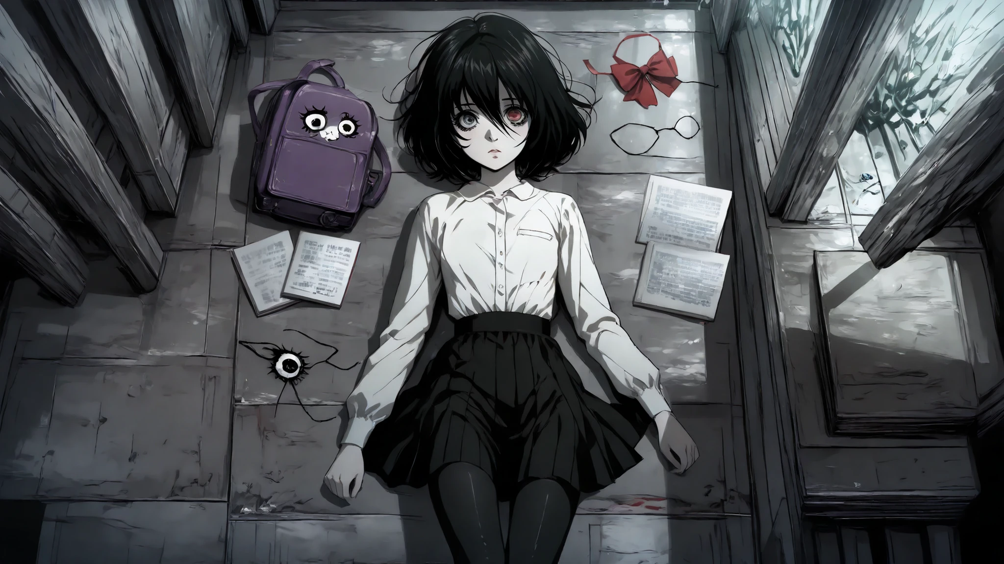 misaki mei \(another \) a beautiful young girl with black hair, heterochromatic student, holding a book, surrounded by scattered items. the image also shows a girl in the middle of the image, the girl appears to be in her late teens with a slim body. Japanese Female Middle School Students,heterochromatic, Right eye is red, left eye is aqua, laying on the floor, she is wearing a white blouse with long sleeves. and a black skirt with a checkered pattern.She has short black hair resembling a messy bob and she is looking directly at the viewer with a surprised expression. the background is a misty, foggy environment with scattered papers and a purple backpack on the floor. the lighting is soft and diffused, casting gentle shadows on the girl's face and body. 1girl, solo, unrivaled beauty, petite build, flat , fullbody, pov, bird's eye view, unworn eyepatch, red bow, crystal eyes, big eyes, vivid eyes, douyin eyes, eyelashes, skin tight, whole body, slim , pale skin, choppy bangs, grimdark,horror, clothing texture, detailed eyes, beautiful face, beautiful girl, beautiful body, beautiful hair, Masterpiece, very aesthetic, perfect composition, ((detailed eyes)), (highly detailed), ((Best quality :1.2)),((Detailed :1.5)),((Detailed background :1.5)). (HD eyes:1.4), ((4k,8k,Ultra HD)), {perfect body}, 2010s style,