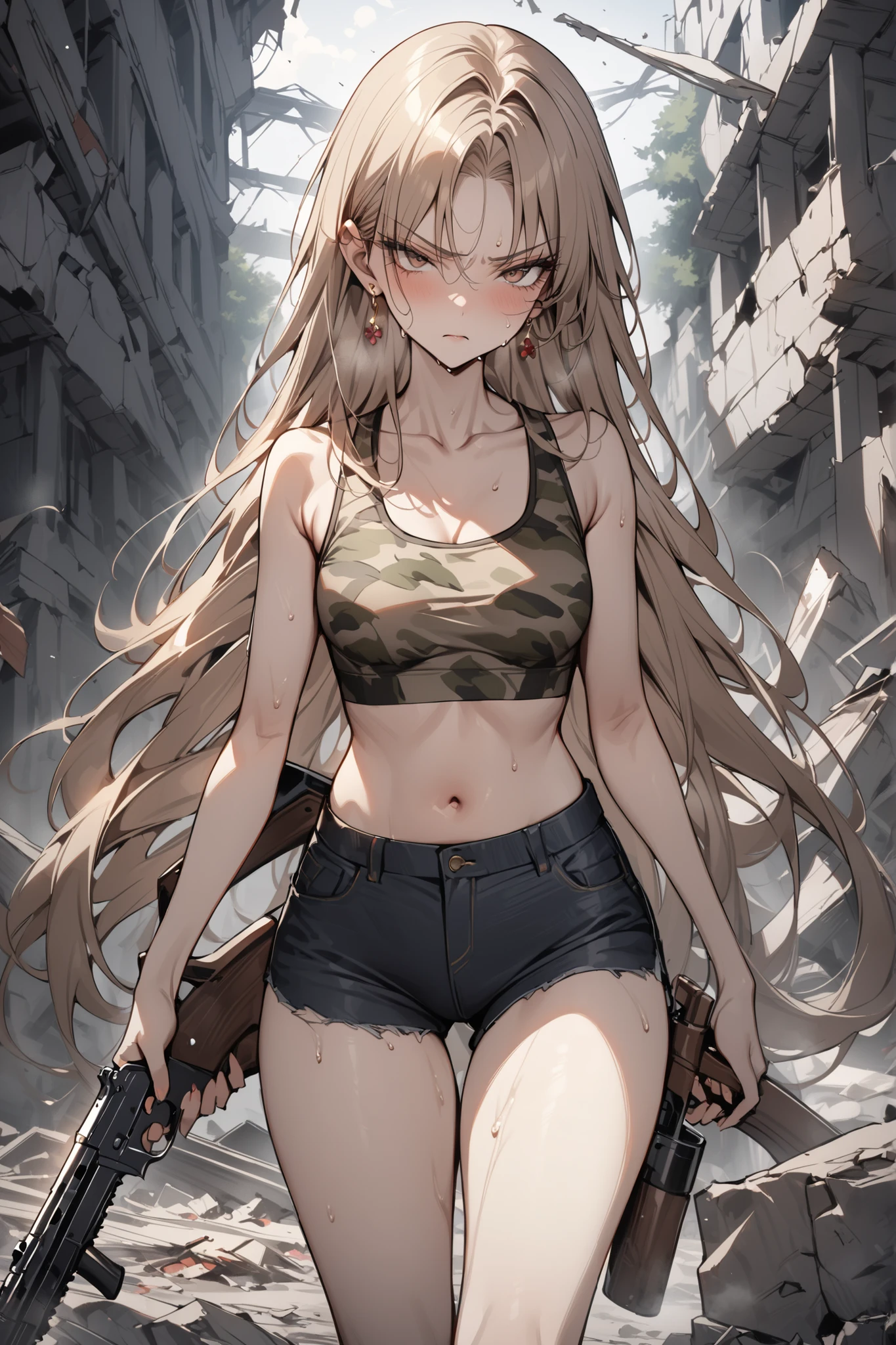 ((masterpiece,Highest Quality:1.2)),(soro),slender,Slender high school girl holding a gun in ruins,cowboy shot,beautiful skin,full of slander,(Thin thighs), light brown very long hair,Perfect brown eyes , tree eyes  ,Serious Expression,sweat,Camouflage sports bra,black damaged denim shorts,brown sandal heels,Gold Earrings