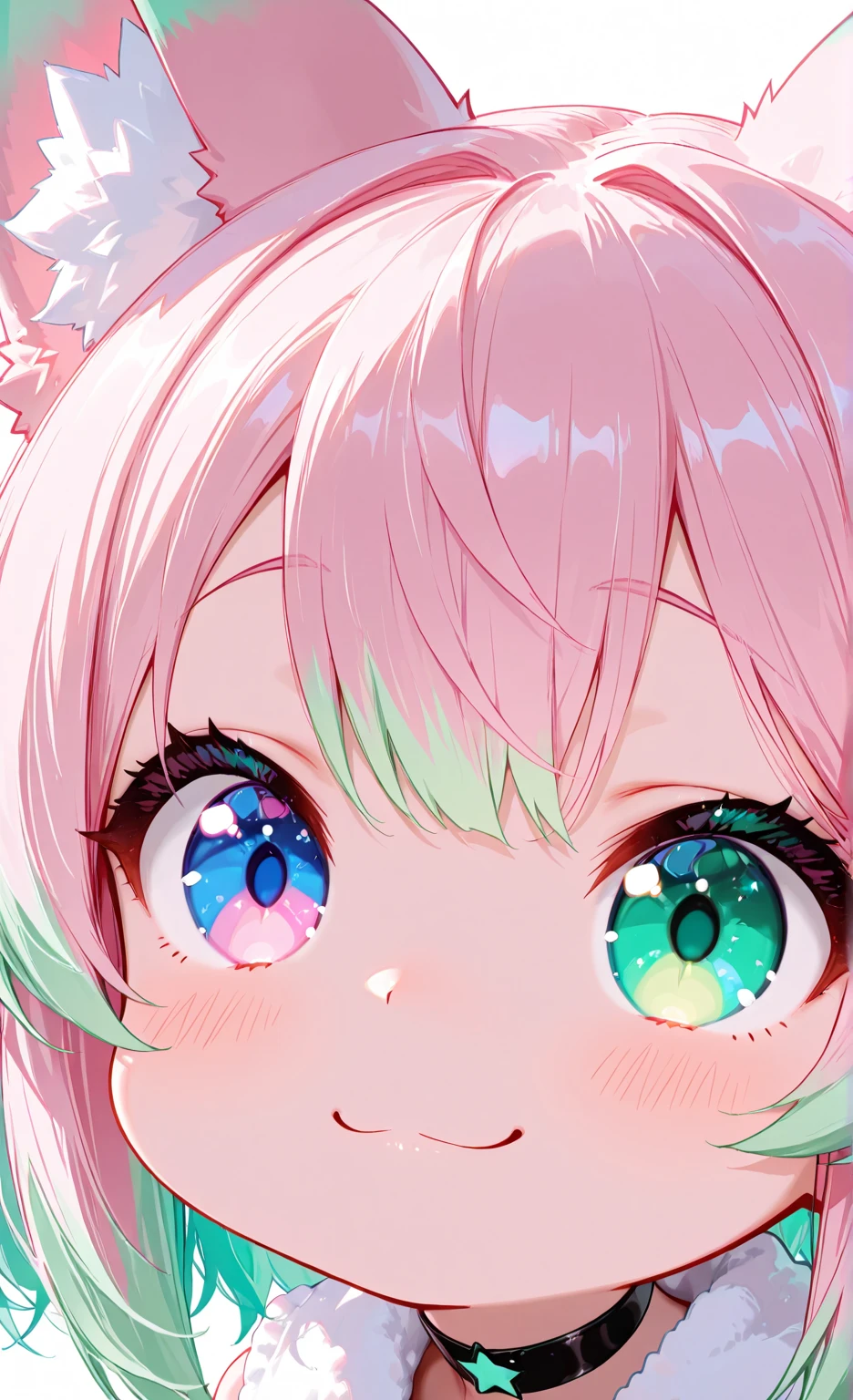 masterpiece, 8k, Highest Quality, detail, high resolution, Digital Painting, ultra detailed, close-up of a fox girl chibi style, big heterochromatic eyes: one pastel pink with stars, one mint green glowing softly, playful smile, ultra-cute expression