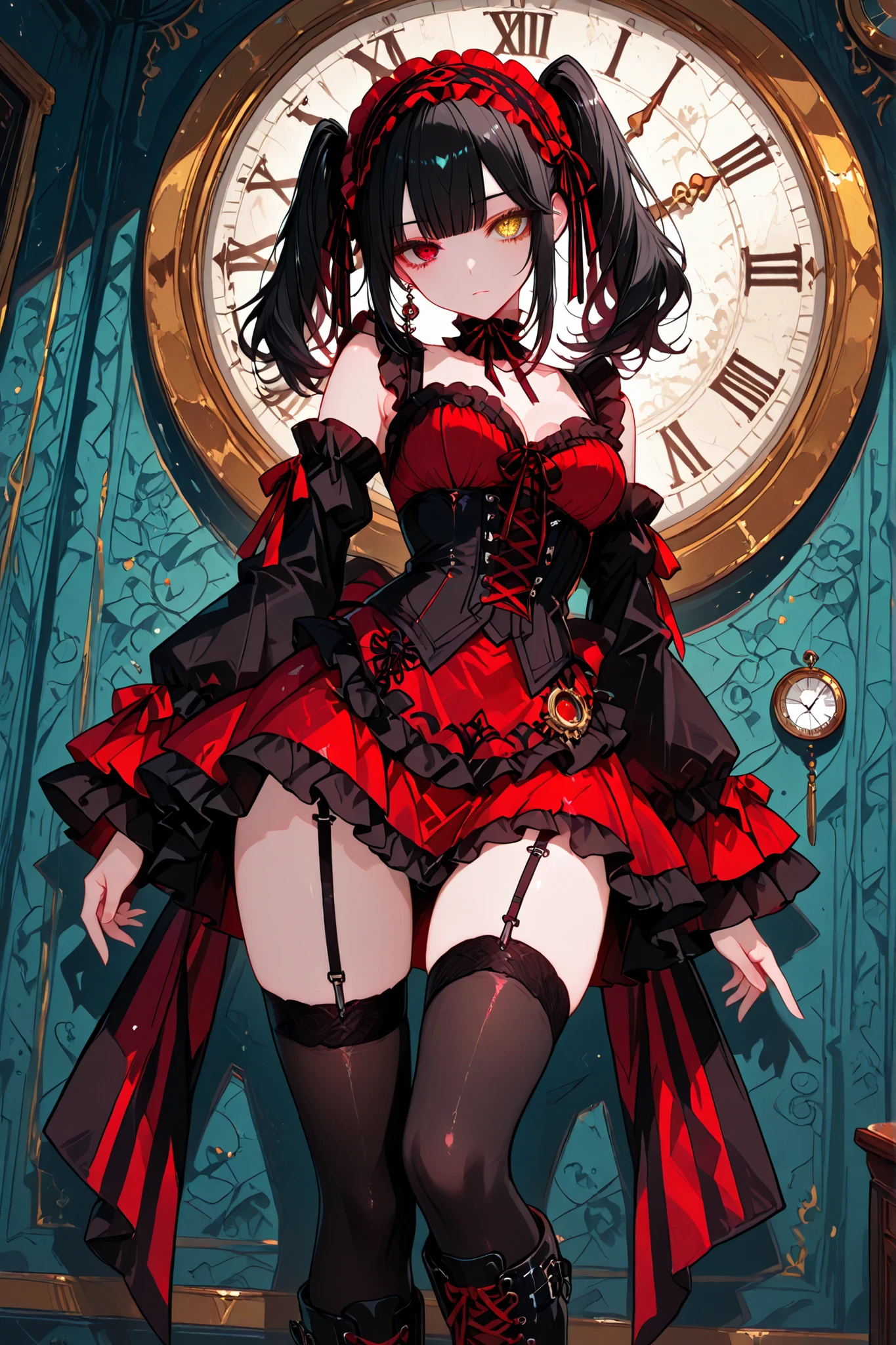 1girl, solo, kurumi tokisaki, clock eyes, red eye, yellow eye, heterochromia, black hair, twintails, hairband, red dress, striped bow, frills, detached sleeves, frilled choker, black thighhighs, garter straps, lace-up boots, standing, detailed abstract background, looking at viewer, detailed hands, attractive, seductive, dynamic pose, dynamic angle, provocative, top quality, masterpiece, ultra detailed, very aesthetic