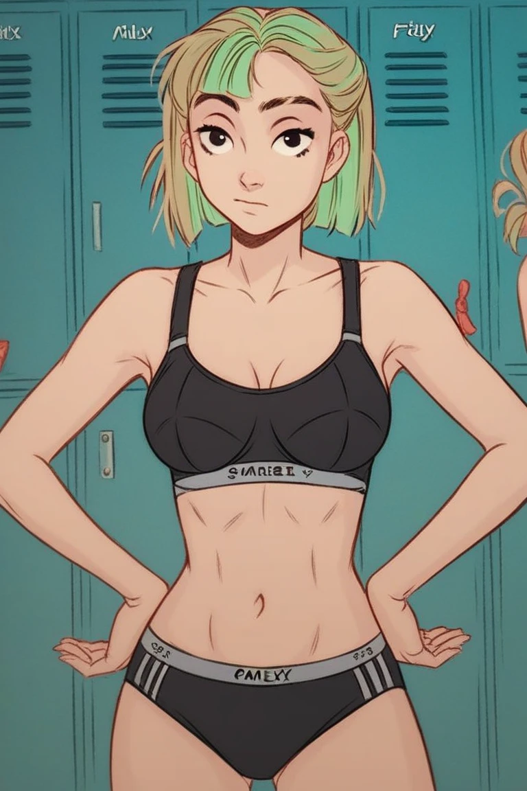 (masterpiece),best quality:1.5, ultra-detailed, high resolution, high quality, 16K, ((2heads:1.5)), ((brown hair)), ((blonde hair, (different hair colors), long hair, (), (1girl), conjoined twins, ((black tank top)) (midriff-revealing tank top), ( silhouette), futuristic city street, lustrous and smooth skin, (mature woman),  silhouette, ((slim )), casual hot pants ,  proportions, Beautiful girl with accentuated slender abs,  woman, lustrous woman, (detailed eyes),  smile