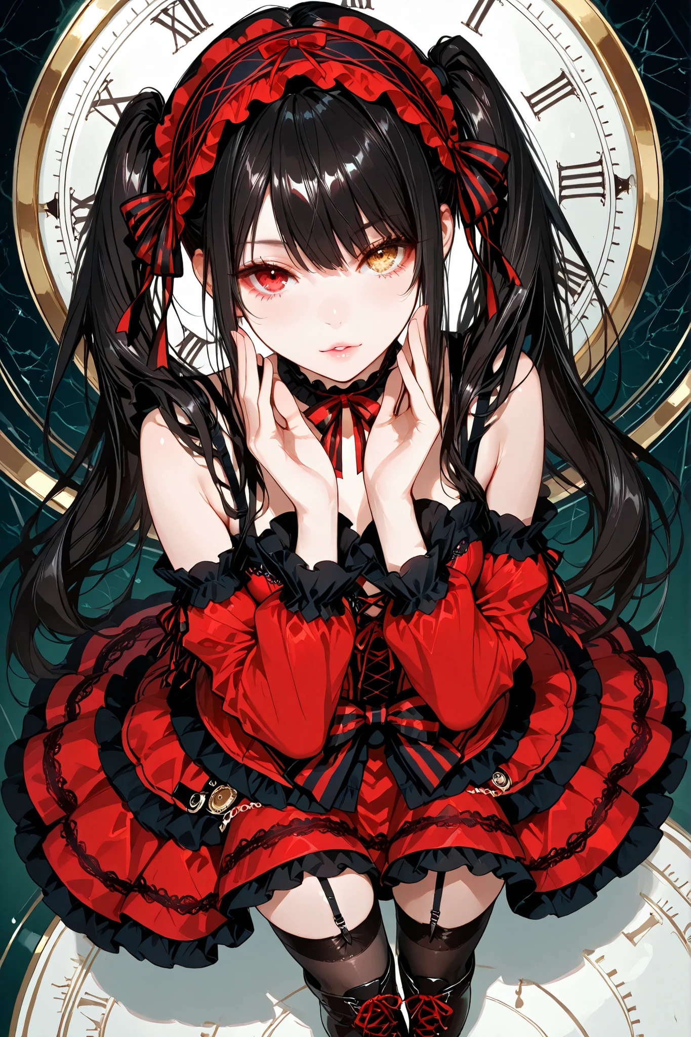 1girl, solo, kurumi tokisaki, clock eyes, red eye, yellow eye, heterochromia, beautiful eyes, beautiful face, face sculpted with hyper-realistic details, black hair, twintails, hairband, red dress, striped bow, frills, detached sleeves, frilled choker, black thighhighs, garter straps, lace-up boots, standing, detailed abstract background, looking at viewer, detailed hands, attractive, seductive, dynamic pose, dynamic angle, provocative, top quality, masterpiece, ultra detailed, very aesthetic