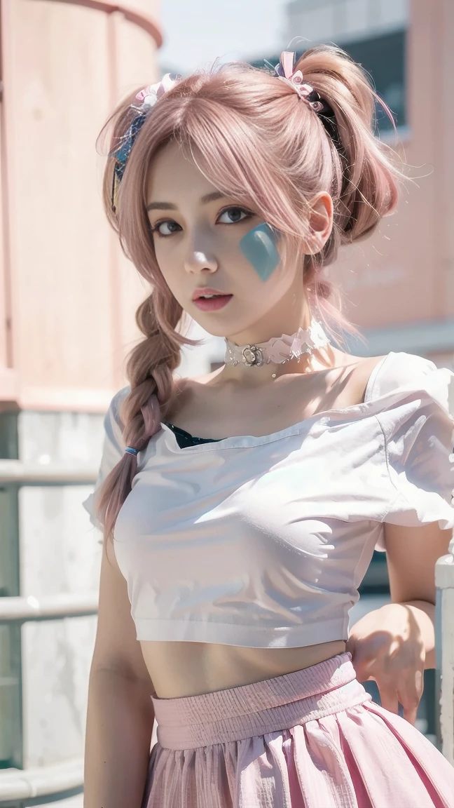 (Masterpiece), (((Highest quality)), (Super detailed), 1 girl, (rainbow colour hair, Colorful hair, Half blue and half pink hair: 1.2), 17 years old, (bathrobe: 1.2), En plein air, bangs, Smile, Sky blue eyes, Perfect hands, Perfect hands, Hand details, Corrected fingers. Earrings, nightclub + Background, Looking_at_peeping at the viewer, Cowboy shot, Top quality, rich details​, Perfect image quality,