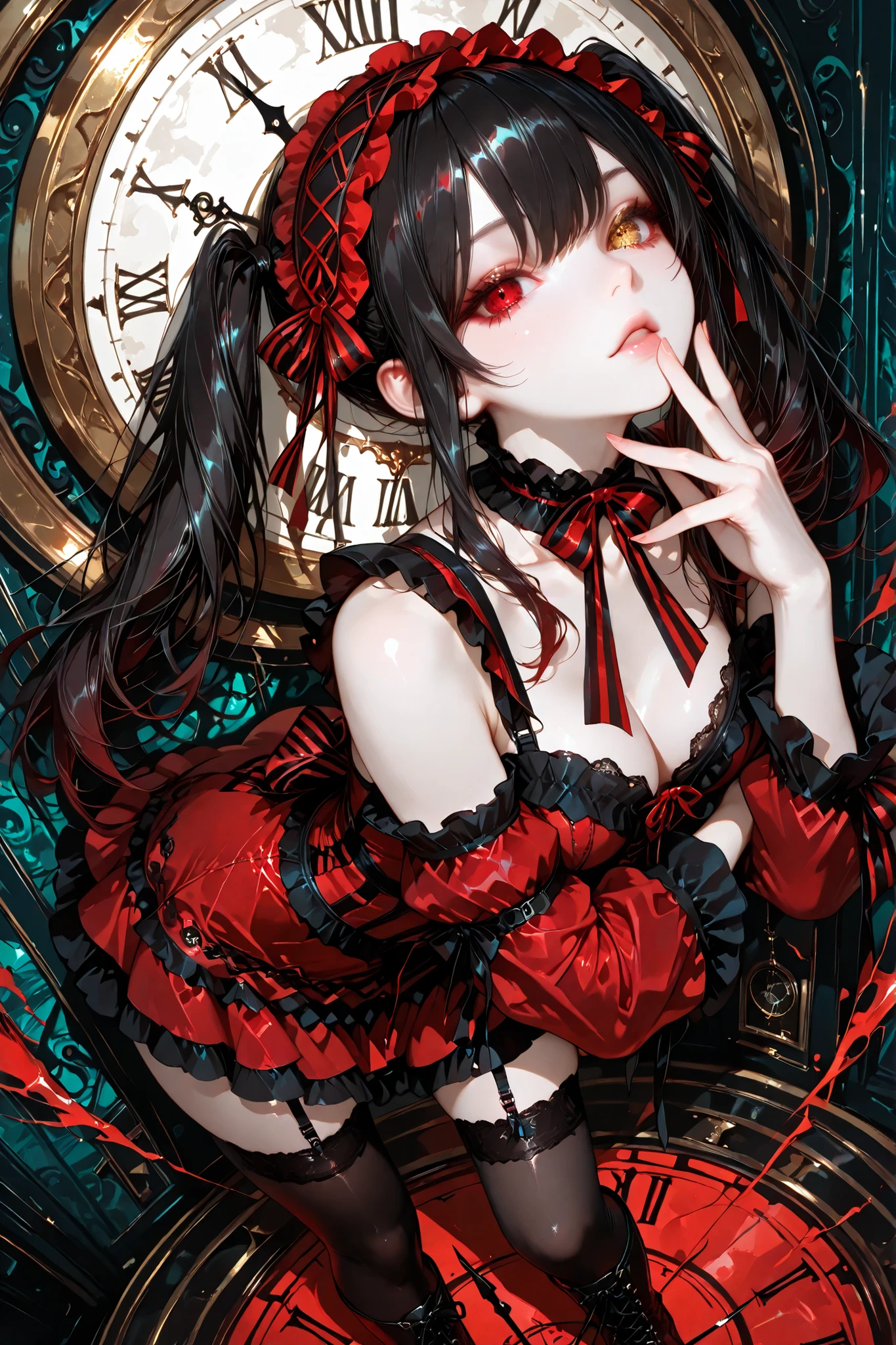1girl, solo, kurumi tokisaki, clock eyes, red eye, yellow eye, heterochromia, beautiful eyes, beautiful face, face sculpted with hyper-realistic details, black hair, twintails, hairband, red dress, striped bow, frills, detached sleeves, frilled choker, black thighhighs, garter straps, lace-up boots, standing, detailed abstract background, looking at viewer, anatomically perfect hands, attractive, seductive, dynamic pose, dynamic angle, provocative, top quality, masterpiece, ultra detailed, very aesthetic
