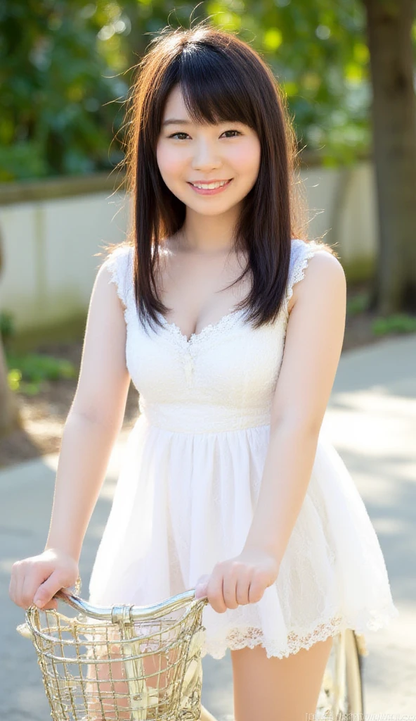 highest quality, High resolution, Realistic photo, Detailed skin texture, (A cute 8 year old Japanese girl is wearing a lace white camisole), (Flat :1.5), To the camera, Slim figure, Fair skin, View your viewers, Focus on the face, In the park with cherry blossoms falling, (loli:1.2)