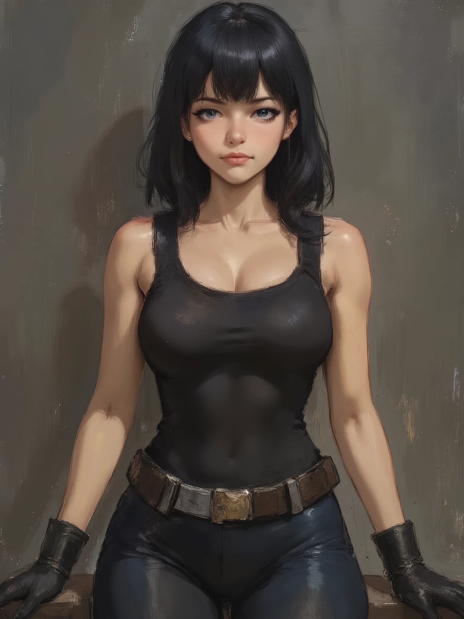 sketch painting, marinette Dopanchan, anime, A very beautiful and cute 22 year old woman with a slight smile. (((Shy smile))), sharp focus on the face, (((Western eyes:1.5))), (((Extremely detailed ice-blue eyes, beautiful eyes, beautifully detailed eyes))), (((delicately detailed thin pink lips))), (((long hair, shiny hair))), (((black medieval steampunk style sleeveless t-shirt))), (((Dark Blue medieval steampunk style leather warrior pants))), (((full body view, dynamic pose, standing:1 . 5, graceful pose))), (((The background is Dark Gray and painted with expressive, visible textures using dynamic brushstrokes and strokes that add depth and movement. The paint covers only the area just behind the subject. The outer edges of the image with black margins, as if the background had been painted with a brush and with expressive and visible textures using dynamic brushstrokes and strokes fading toward the edges creating a modern and artistic vignette effect))). Cinematic lighting, soft depth of field, (((masterpiece/high resolution/Best Quality/top quality/high quality/UHD/16k quality))), sharp focus, no blur, film grain, bokeh.