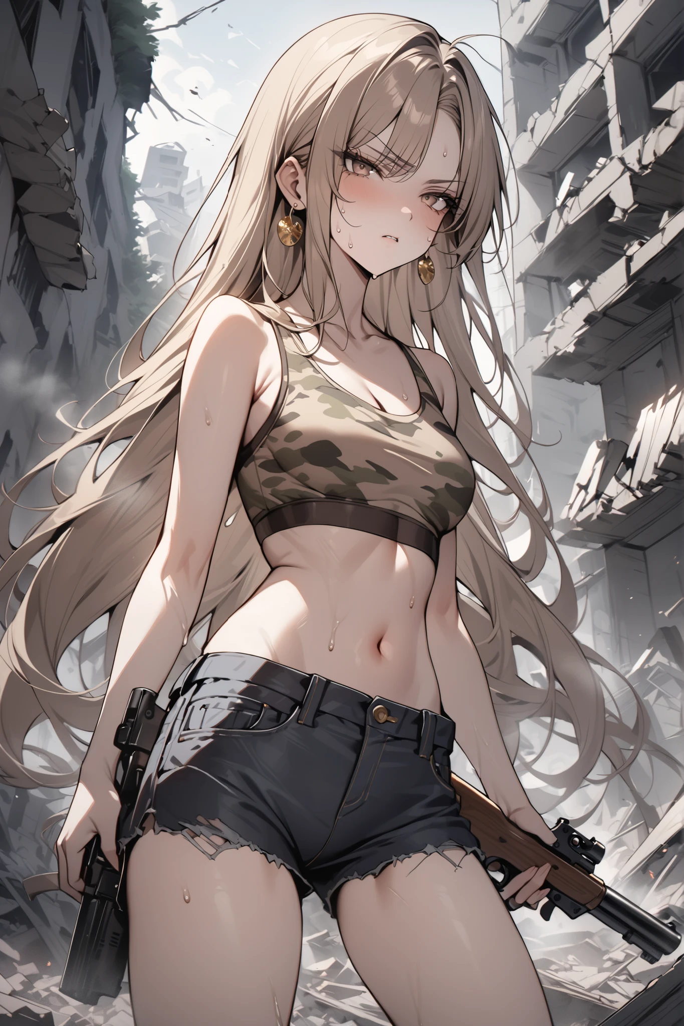 ((masterpiece,Highest Quality:1.2)),(soro),slender,Slender high school girl holding a gun and shooting in ruins,cowboy shot,beautiful skin,full of slander,(Thin thighs), light brown very long hair,Perfect brown eyes , tree eyes  ,Serious Expression,sweat,Camouflage sports bra,black damaged denim shorts,brown sandal heels,Gold Earrings