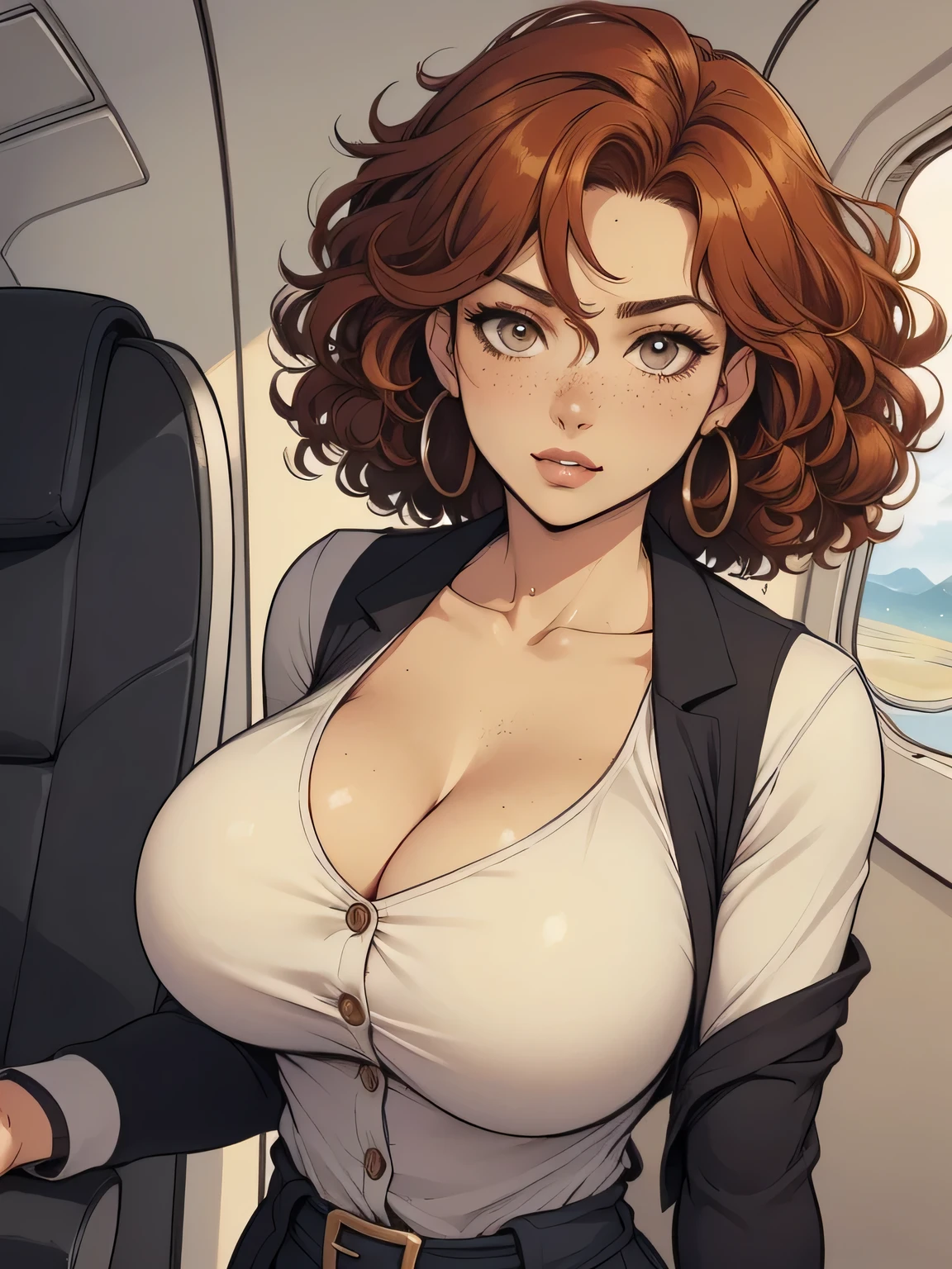 ( linhas absurdas, high definition, ultra fino,  be careful with your hand ) Close-up view of a thin and athletic woman (flight attendant), 25 anos, 16k (( high definition )), sorriso misterioso, olhar sedutor (( looking at the spectator )), olhos castanhos, flight attendant usando um blazer azul (( with buttons, gola italiana, mangas curtas )) About white t-shirt (( decote em V )), cintura fina, cinto preto, arms on the sides of her body, pele branca, wavy red hair (( Short and curly )), She is alone inside a plane (( upper body, From waist to head, side view 3.4 )), with freckles on the neck and breasts, (( medium and round breasts 3.4 )), (( Well defined collarbone )). estilo cartoon (( QG )), Interior of the plane in the background.