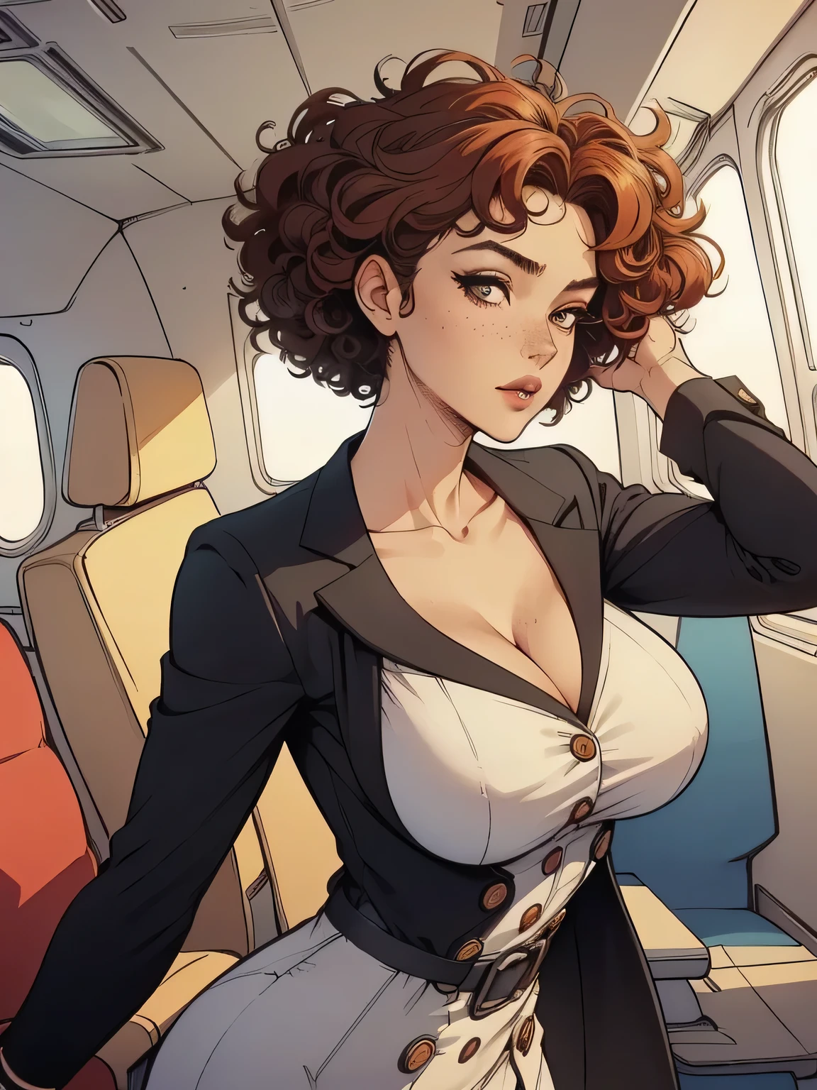 ( linhas absurdas, high definition, ultra fino, be careful with your hand ) Close-up view of a thin and athletic woman (flight attendant), 25 anos, 16k (( high definition )), sorriso misterioso, olhar sedutor (( looking at the spectator )), olhos castanhos, flight attendant usando um blazer azul (( with buttons, gola italiana, mangas curtas )) About white t-shirt (( decote em V )), cintura fina, cinto preto, arms on the sides of her body, pele branca, wavy red hair (( Short and curly )), She is alone inside a plane (( upper body, From waist to head, side view 3.4 )), with freckles on the neck and breasts, (( medium and round breasts 3.4 )), (( Well defined collarbone )). estilo cartoon (( QG )), Interior of the plane in the background.