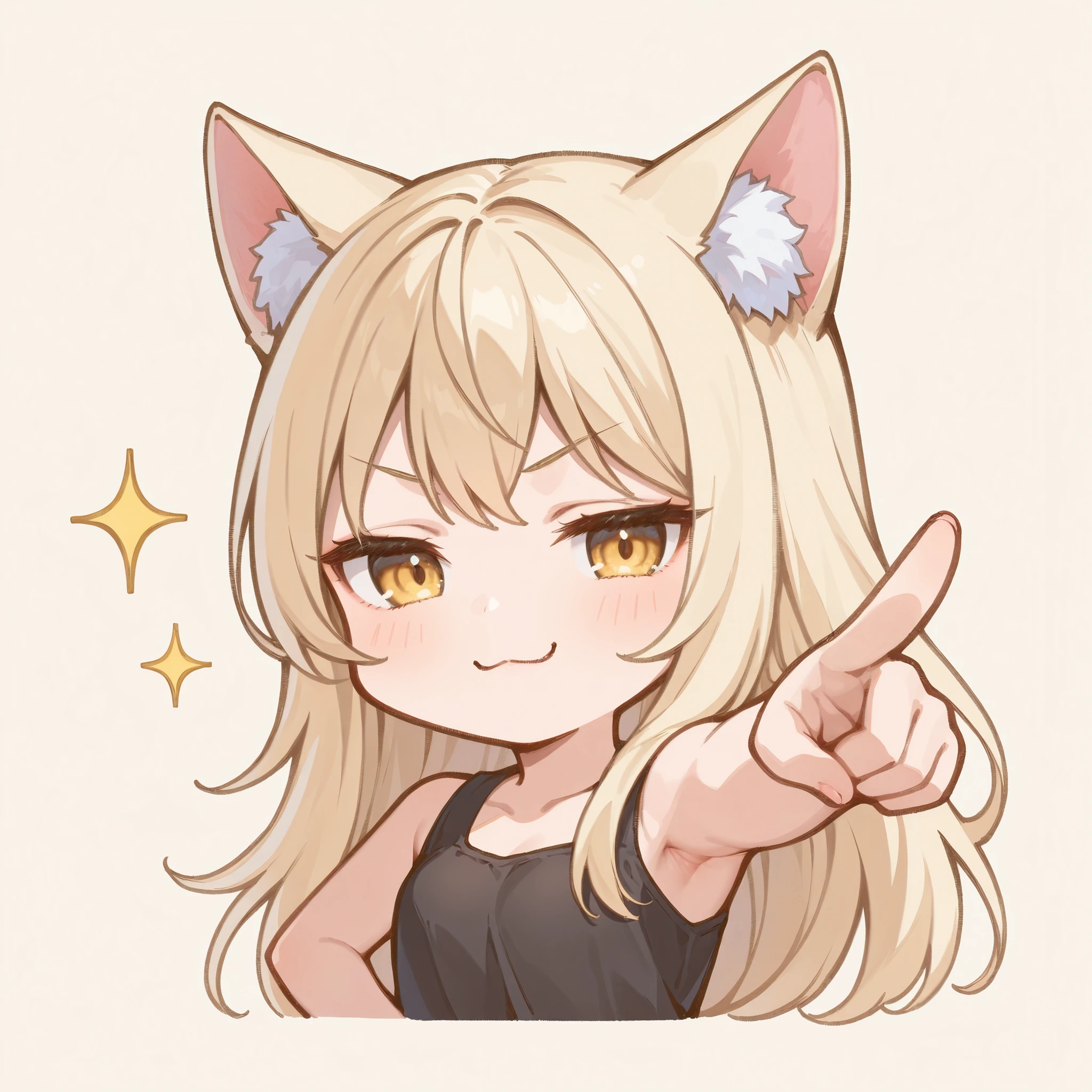 masterpiece, Highest Quality, great quality, middle hair,white blonde hair ,chibi,golden eyes, デフォルメ, Cat ears、detail、high resolution、1 person、Without hands、solo、1 personの全身、black simple dress、tied 2 under the face、white scrunchies、Look down and look down、point your hand at your opponent、Point in front、Arrogant、Provocative face