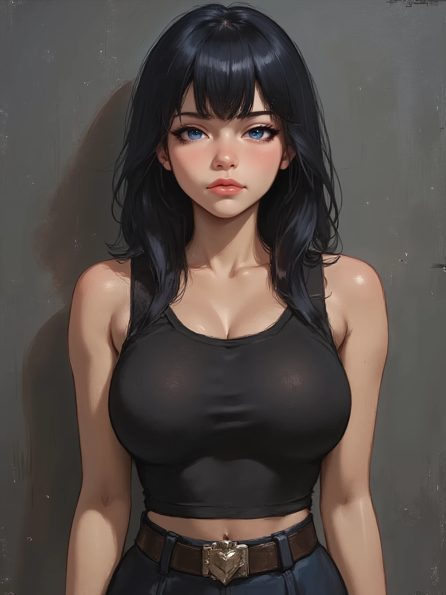 sketch painting, marinette Dopanchan, anime, A very beautiful and cute 22 year old woman with a slight smile. (((Shy smile))), sharp focus on the face, (((Western eyes:1.5))), (((Extremely detailed ice-blue eyes, beautiful eyes, beautifully detailed eyes))), (((delicately detailed thin pink lips))), (((long hair, shiny hair))), (((black medieval steampunk style sleeveless t-shirt))), (((Dark Blue medieval steampunk style leather warrior pants))), (((full body view, dynamic pose, standing:1 . 5, graceful pose))), (((The background is Dark Gray and painted with expressive, visible textures using dynamic brushstrokes and strokes that add depth and movement. The paint covers only the area just behind the subject. The outer edges of the image with black margins, as if the background had been painted with a brush and with expressive and visible textures using dynamic brushstrokes and strokes fading toward the edges creating a modern and artistic vignette effect))). Cinematic lighting, soft depth of field, (((masterpiece/high resolution/Best Quality/top quality/high quality/UHD/16k quality))), sharp focus, no blur, film grain, bokeh.