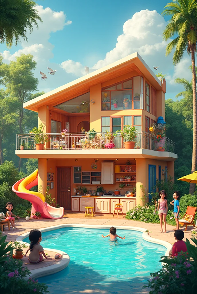 A house with a slide and pool and a lot of kitchen things - SeaArt AI