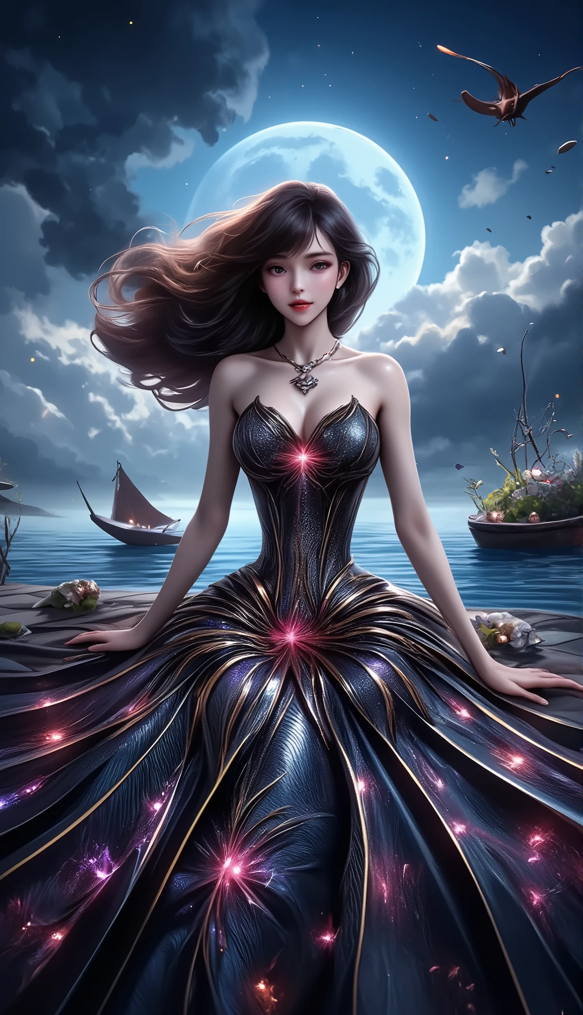 (masterpiece, computer, mejor quality, Clear focus, shadow, of the rays of God, ultra high resolution, 8K, anatomía perfecta, rostro perfecto, (detailed face), (detailed eye), score_9, score_8_above, score_7_above, score_6_above, score_5_above, score_4_above, kilde_ animated, Label 1, Label2, quality_masterpiece, anatomically correct , beautiful face, rostro perfecto, Beautiful and highly detailed face and eyes, Attractive Face , detailed face, delicate facial features, bare shoulders, enormes pechos, breast size cup D or DD, wide hips, gigantic butt, thick thighs. looking at the viewer. fantastic environment. anime-style illustration with an elegant, slim build and pronounced bust, in a modern interior environment, illuminated with purple LED lights and minimalist decoration. She wears a tight black t-shirt and wide-rimmed tortoiseshell glasses, slightly fallen over the nose. She has long brown hair, tied up in a high ponytail with some loose locks that fall on her face. Her lips are painted with a lipstick intense red and wears a eye-catching makeup that highlights your well-defined eyebrows and clear skin. The woman tilts her head backwards in a flirty and safe pose, looking directly at the camera. In the background there are white shelves with decorative plants, candles and small objects, in addition to a dim lighting that provides a cozy and modern atmosphere.