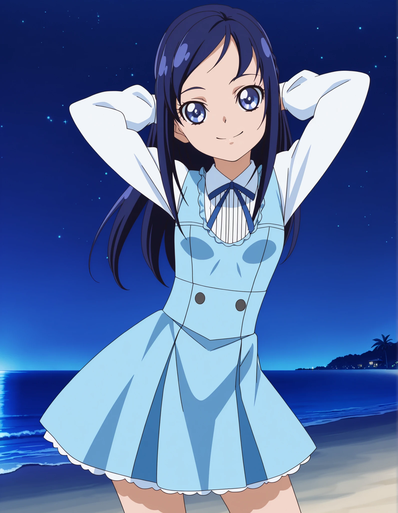 hishikawarikka, dress, shirt, ribbon, anime screencap, high quality, solo, night sky, beach, hands behind head, ((contrapposto)), closed mouth, cowboy shot, looking at viewer, smile, best quality