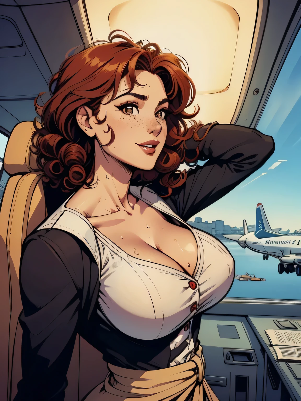 ( linhas absurdas, high definition, ultra fino,  be careful with your hand ) Close-up view of a thin and athletic woman (flight attendant), 25 anos, 16k (( high definition )), sorriso misterioso, olhar sedutor (( looking at the spectator )), olhos castanhos, flight attendant usando um blazer azul (( with buttons, gola italiana, mangas curtas )) About white t-shirt (( decote em V )), cintura fina, cinto preto, arms on the sides of her body, pele branca, wavy red hair (( Short and curly )), She is alone inside a plane (( upper body, From waist to head, side view 3.4 )), with freckles on the neck and breasts, (( medium and round and sweaty breasts 3.4 )), (( Well defined collarbone )). estilo cartoon (( QG )), Interior of the plane in the background.