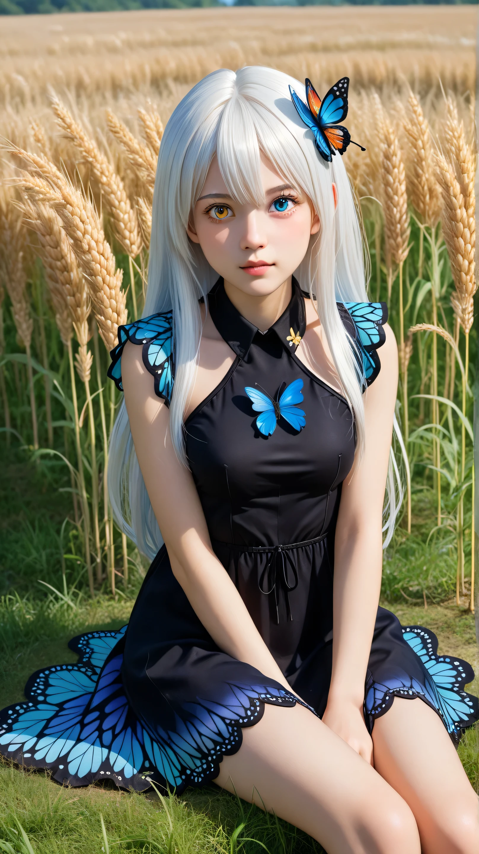 1girl, solo,kiana kaslana void drifter,white hair,long hair,outdoors,potrait,medium breast,heterochromia eyes,(front view:1.4),looking at viewer, potrait,close up,(teen girl:1.5),(butterfly dress:1.5),(sitting on grass wheat field:1.5),hair ornament