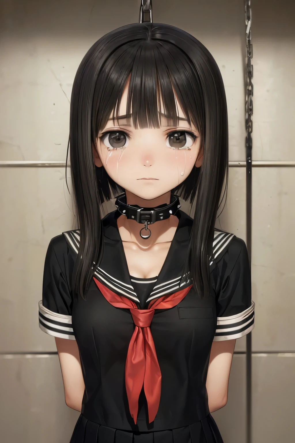 (masterpiece, Best Quality, 8K,Raw photo, High resolution:1.7), (upper body, arms behind back, a captive girl, 1 girl, looking at viewer:1.8), (tearful eyes, a lot of teardrops, Frowning, screaming, crying, sobbing, tearing, tearful, full-face blush, embarrassed, shyness:1.7), (dark background, underground, prison, indoor, Closed bedroom, double bed, stone wall:1.5), (Candid, Sophisticated, Thin arms, Narrow waist, Slim body, slim legs, Slender girl:1.5), (Bokeh:1.7), (cleavage, flat chest:1.5), (school sailor uniform, short sleeve shirt, black uniform, pleated mini skirt, dark red neckerchief, chained slave metal collar with studs, handcuffs:1.7), (short low ponytail, black hair, black eyes:1.8)