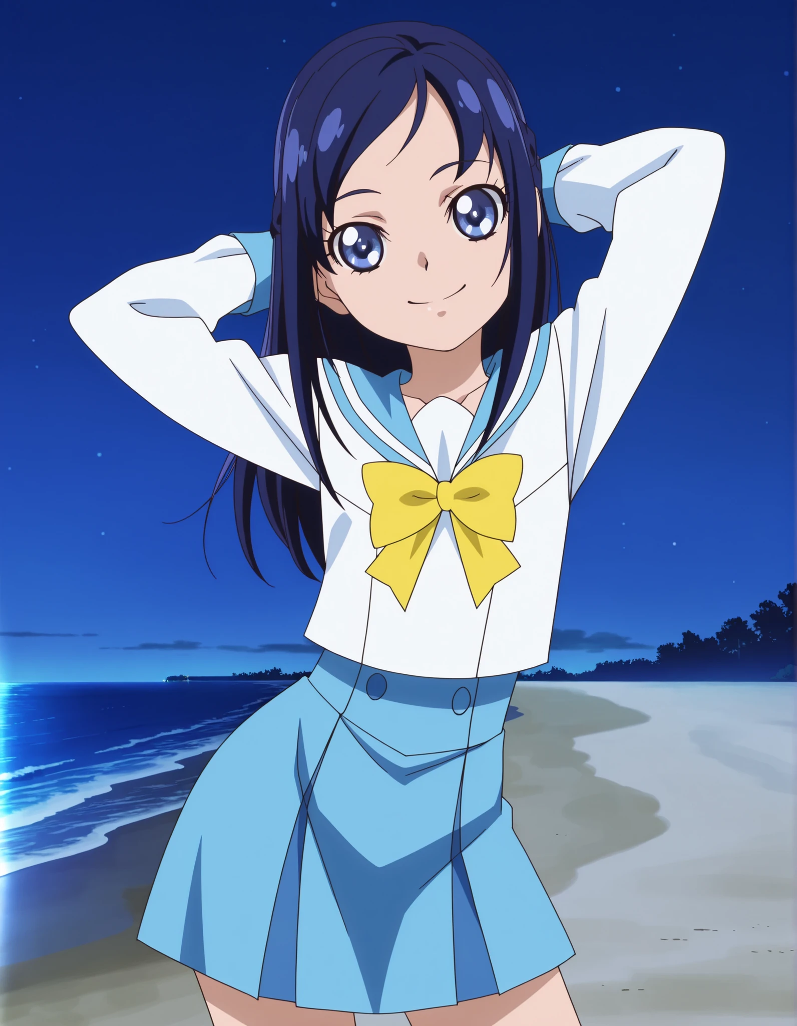 hishikawarikka, sailor collar, school uniform, blue sailor collar, yellow bow , anime screencap, high quality, solo, night sky, beach, hands behind head, ((contrapposto)), closed mouth, cowboy shot, looking at viewer, smile, best quality