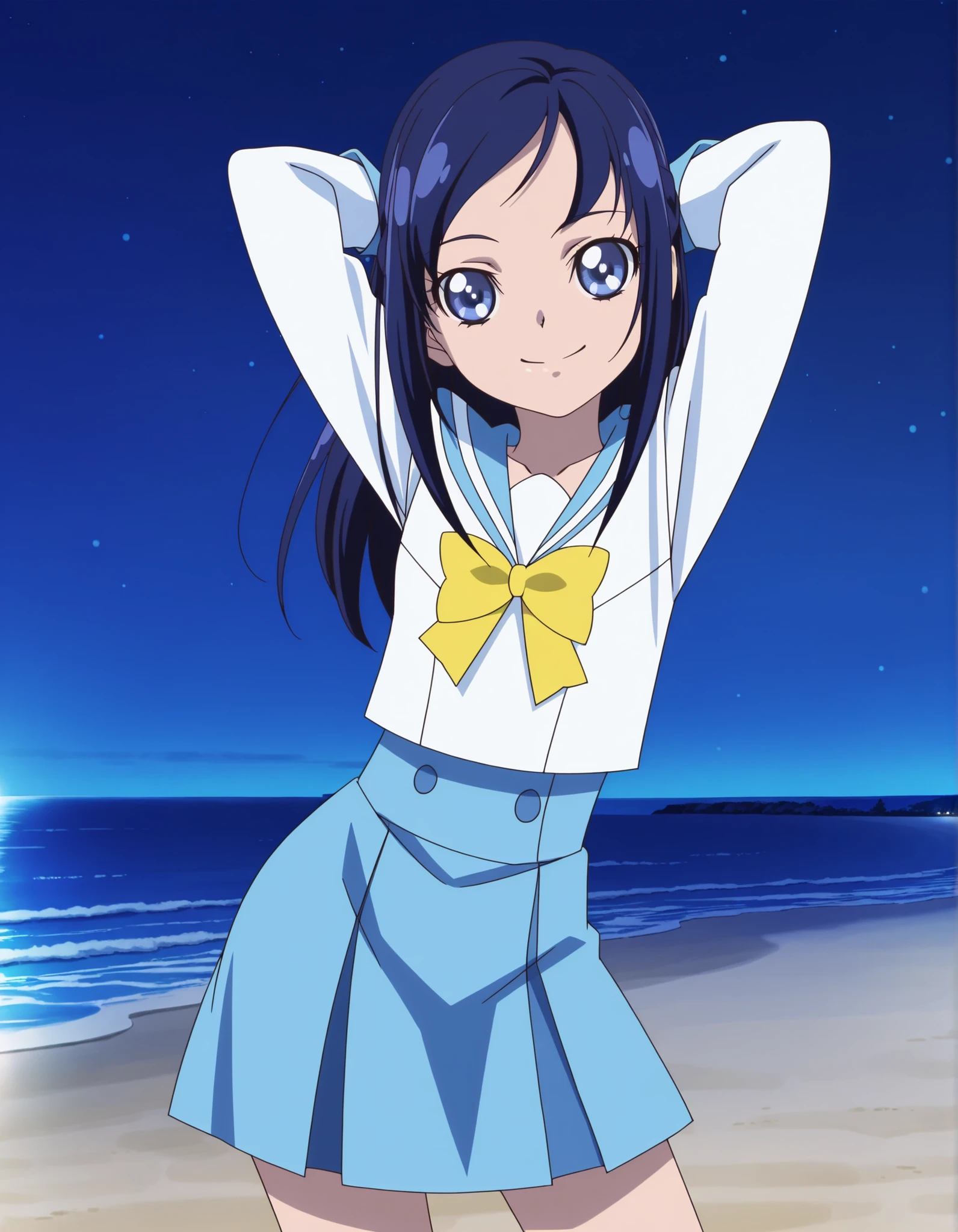hishikawarikka, sailor collar, school uniform, blue sailor collar, yellow bow , anime screencap, high quality, solo, night sky, beach, hands behind head, ((contrapposto)), closed mouth, cowboy shot, looking at viewer, smile, best quality