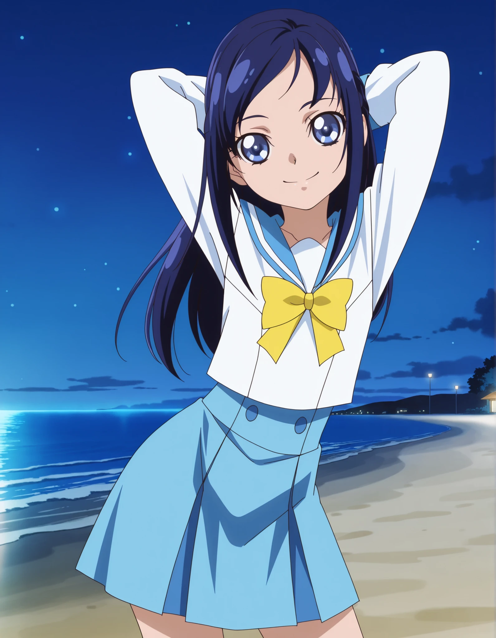 hishikawarikka, sailor collar, school uniform, blue sailor collar, yellow bow , anime screencap, high quality, solo, night sky, beach, hands behind head, ((contrapposto)), closed mouth, cowboy shot, looking at viewer, smile, best quality