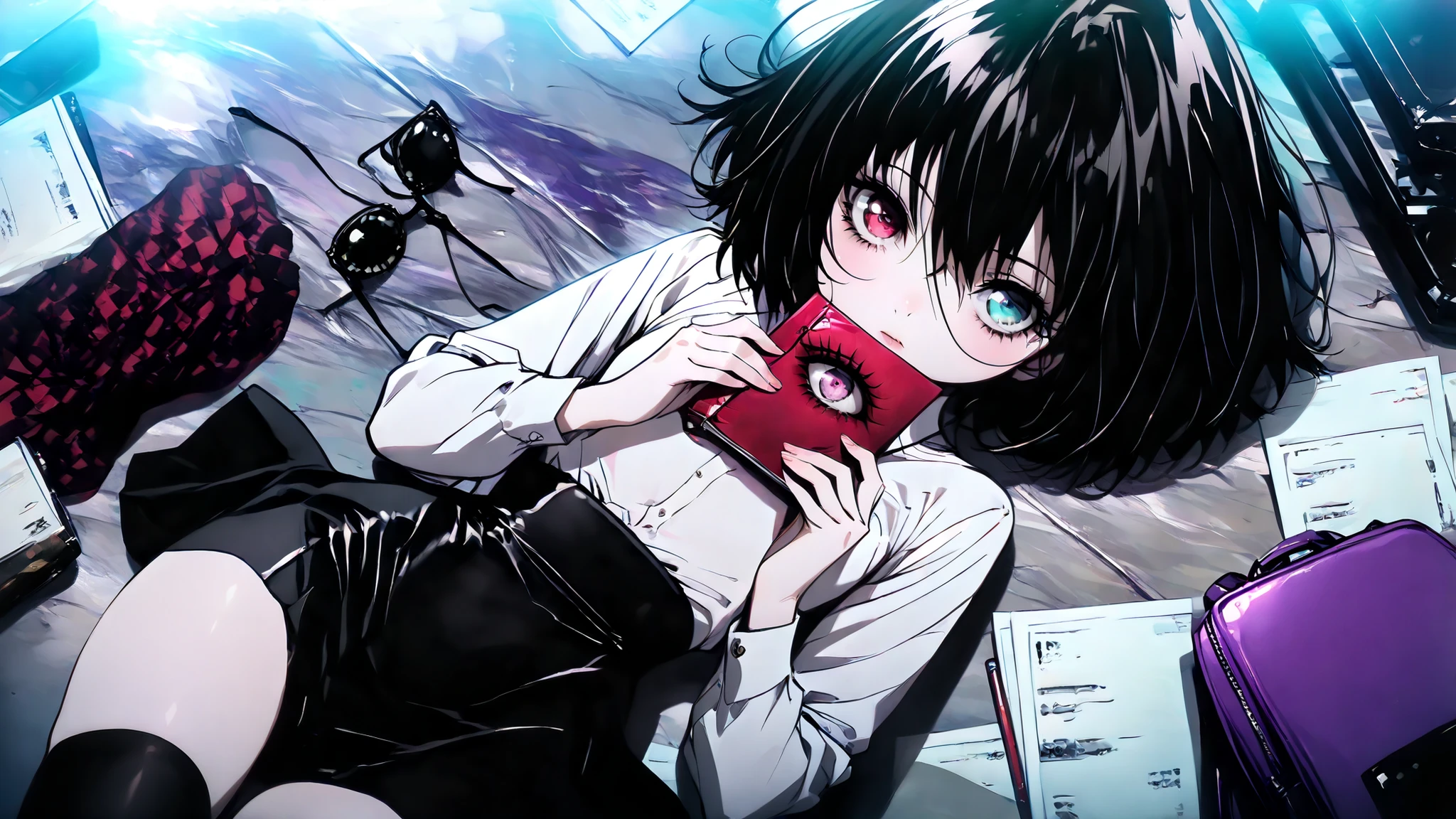 Misaki Mei \(another\) a beautiful young girl with black hair, heterochromatic student, holding a book, surrounded by scattered items. the image also shows a girl in the middle of the image, the girl appears to be in her late teens with a slim body. Japanese Female Middle School Students, heterochromatic Right eye is red and left eye is aqua, laying on the floor, she is wearing a white blouse with long sleeves. and a black skirt with a checkered pattern.She has short black hair resembling a messy bob and she is looking directly at the viewer with a surprised expression. the background is a misty, foggy environment with scattered papers and a purple backpack on the floor. the lighting is soft and diffused, casting gentle shadows on the girl's face and body. 1girl, solo, unrivaled beauty, petite build, flat , fullbody, bird's eye view, unworn eyepatch, red bow, crystal eyes, big eyes, vivid eyes, douyin eyes, eyelashes, skin tight, whole body, slim , pale skin, choppy bangs, grimdark,horror, clothing texture, detailed eyes, beautiful face, beautiful girl, beautiful body, beautiful hair, Masterpiece, very aesthetic, perfect composition, ((detailed eyes)), (highly detailed), ((Best quality :1.2)),((Detailed :1.5)),((Detailed background :1.5)). (HD eyes:1.4), ((4k,8k,Ultra HD)), {perfect body}, 2010s style,