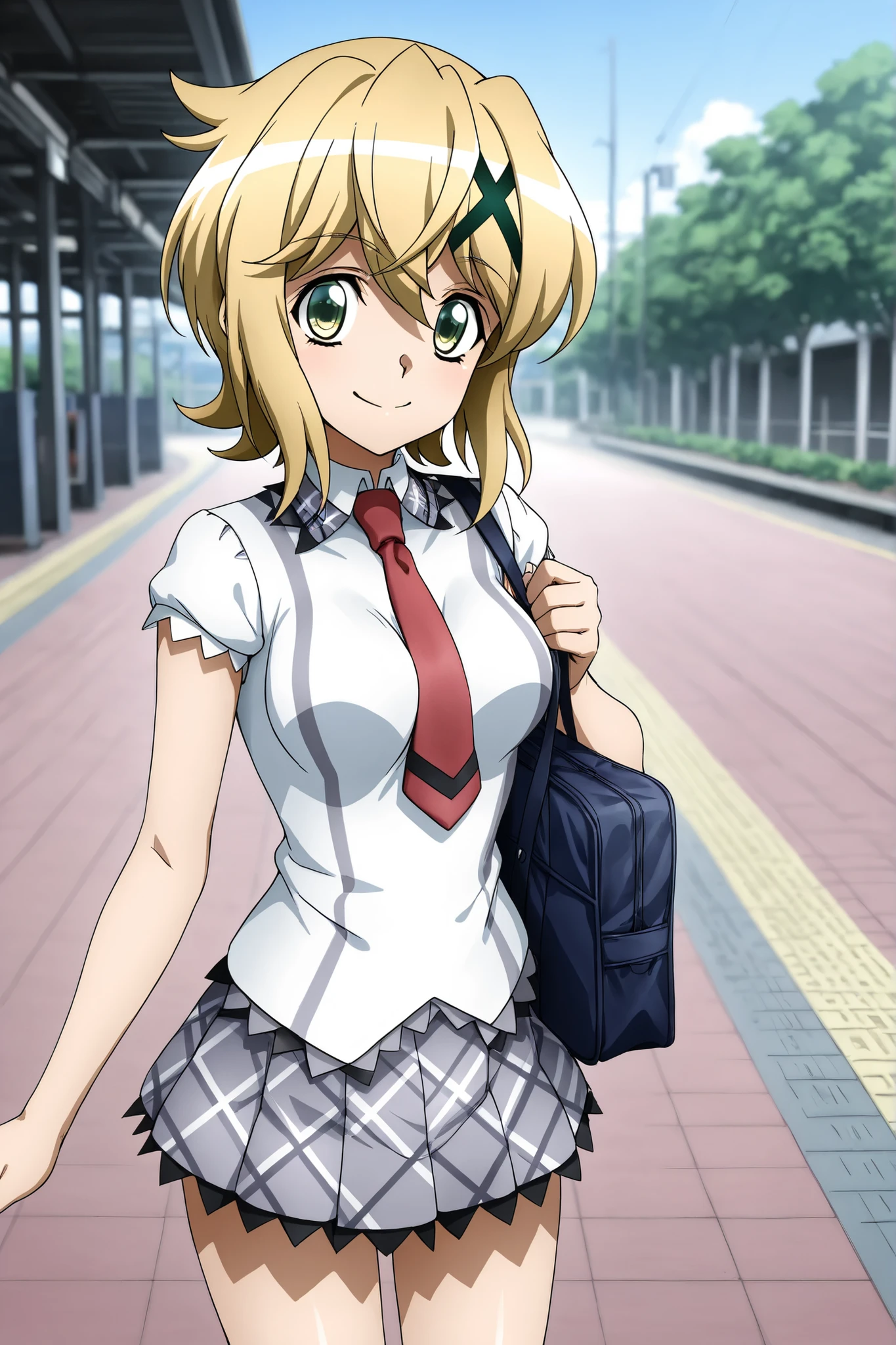 smile,solo,Station platform, outdoors 、symphogear,akatsuki kirika,Shining Contours、アウトドア立ちポーズ、可愛い、school_uniform, shirt, short_sleeves, pleated_skirt, red_necktie,スカートを持つ